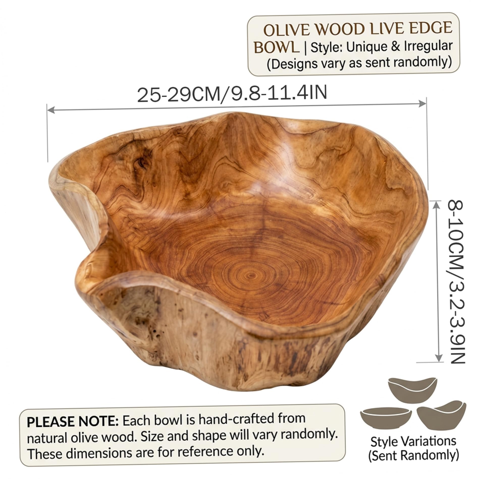 Bols décoratifs en bois, 25-29 cm de diamètre..Plateau de service en bois fait à la main, plateau en pour pains sandwich aux collations aux fruits