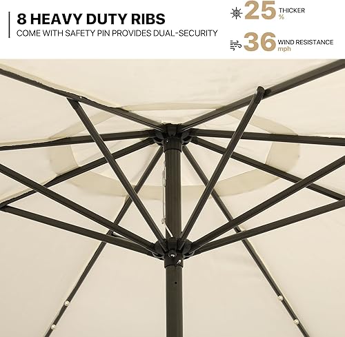 Miniatura 7 de MoNiBloom Paraguas de 9 pies para exterior, sombrilla de patio con luz LED solar con 8 varillas, sistema de inclinación y manivela de elevación,
