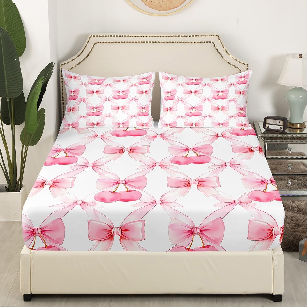 Pink Bowknot Kids Princess Fitted Sheet Twin Size,Bow Cherry Tropical Fruits Patchwork Bedding Set,Girls Women Room Decor,Bow-tie Romantic Bed Cover,Girlish Cute Bed Sheet,1 Pillowcase