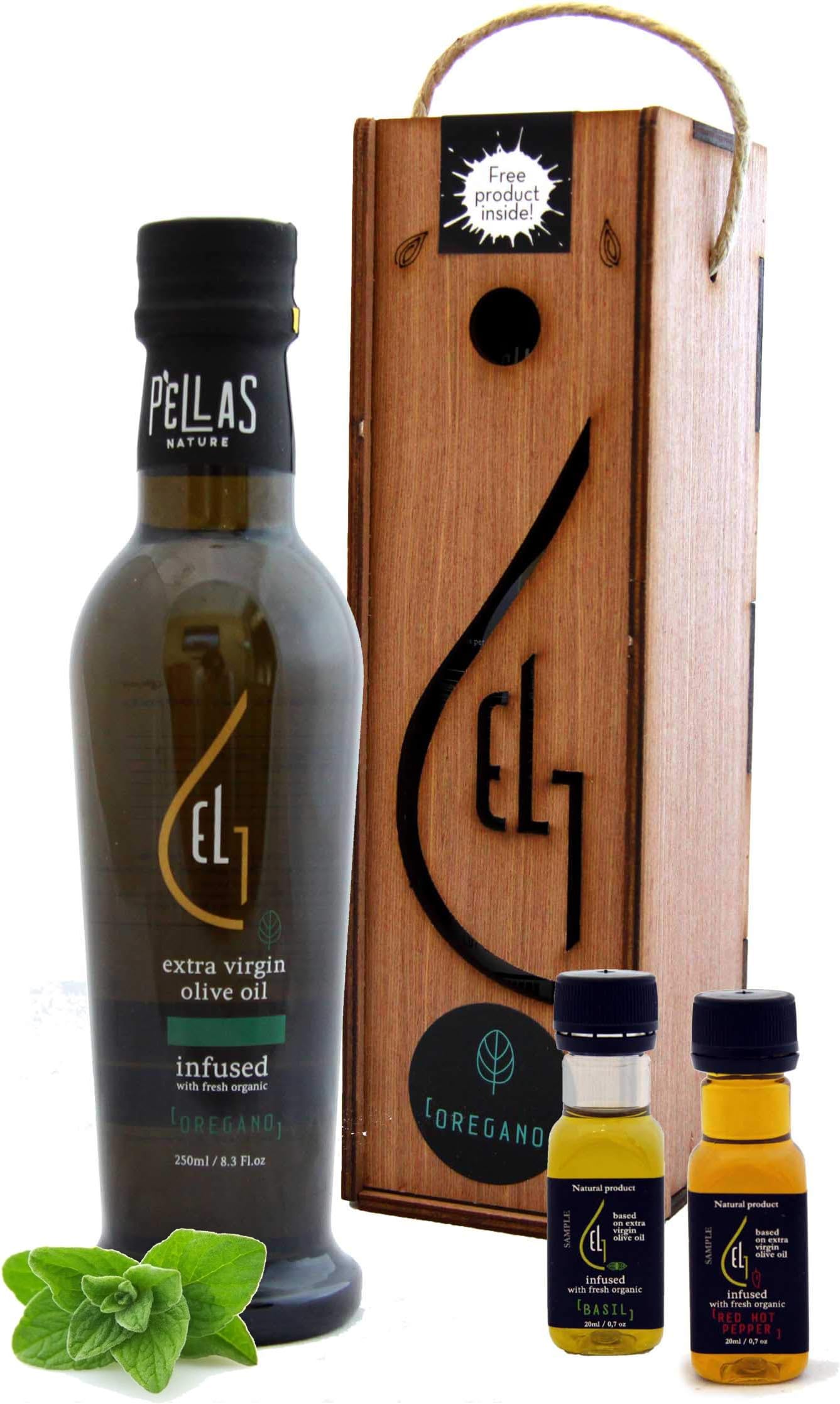 Pellas Nature | Fresh Organic Oregano Infused Extra Virgin Olive Oil | Ultra Premium | Single Origin | Wooden Gift box | 2 Free Samples Included | 8.45 oz