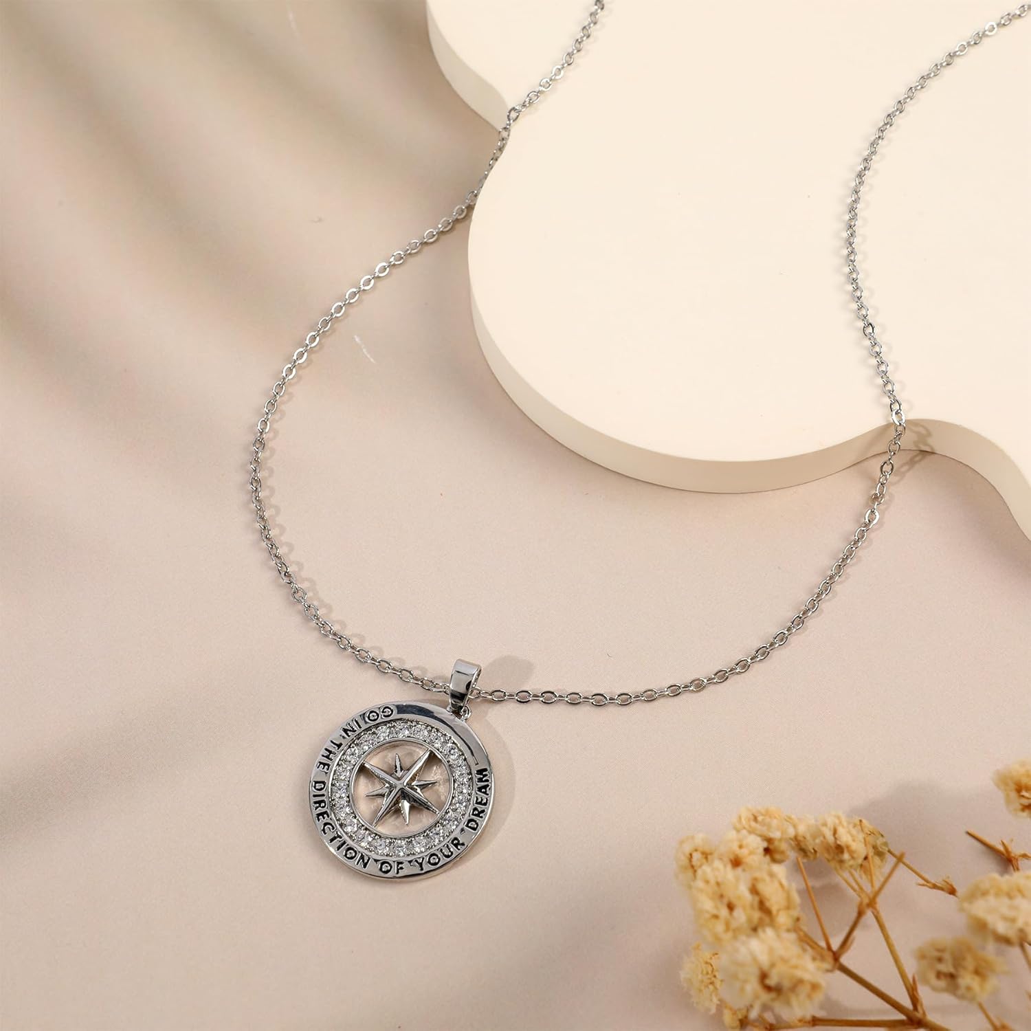 Gold North Star Compass Necklace for Women, 14K Plated Gold & Silver Compass Pendant Necklace with Inspirational Words and Cubic Zirconia Star Anniversary Birthday Graduation Gifts for Women Men - Image 5