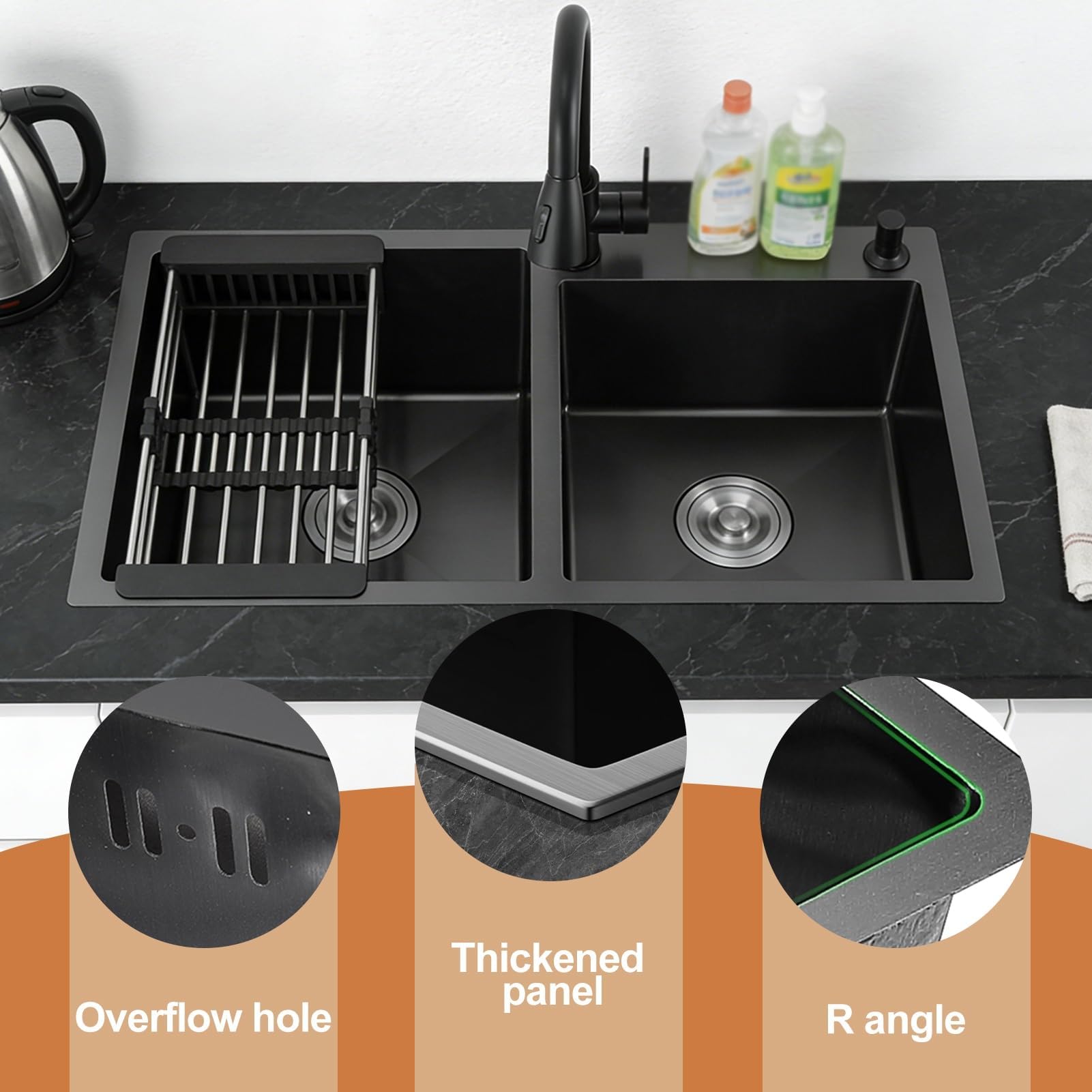 Fregadero De Cocina Doble Cubeta Acero Inoxidable Profesional, Kit Completo De Instalación Bajo Gran Capacidad Insonorizado para Restaurante Hogar Bar 60x45cm