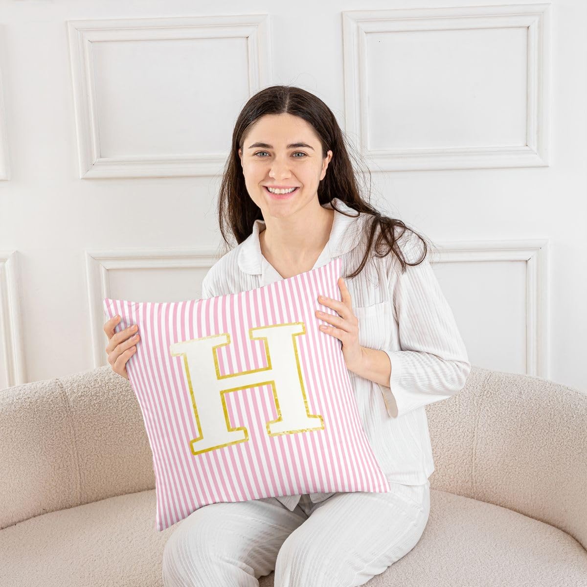 Manfei Monogram Letter H Pillow Cover for Kids,Initial Letter Stripes Throw Cushion Cover 16"x16",Pink White Striped Room Decor Cushion Case,Cute Alphabet Aesthetic Stripe Pillow Case Single Pack image 4