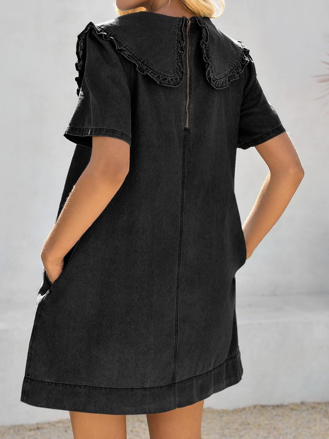 Wenrine Womens Summer Denim Mini Dress Oversized Peter Pan Collar Short Sleeve Casual Flowy Babydoll Jean Dresses - Image 5