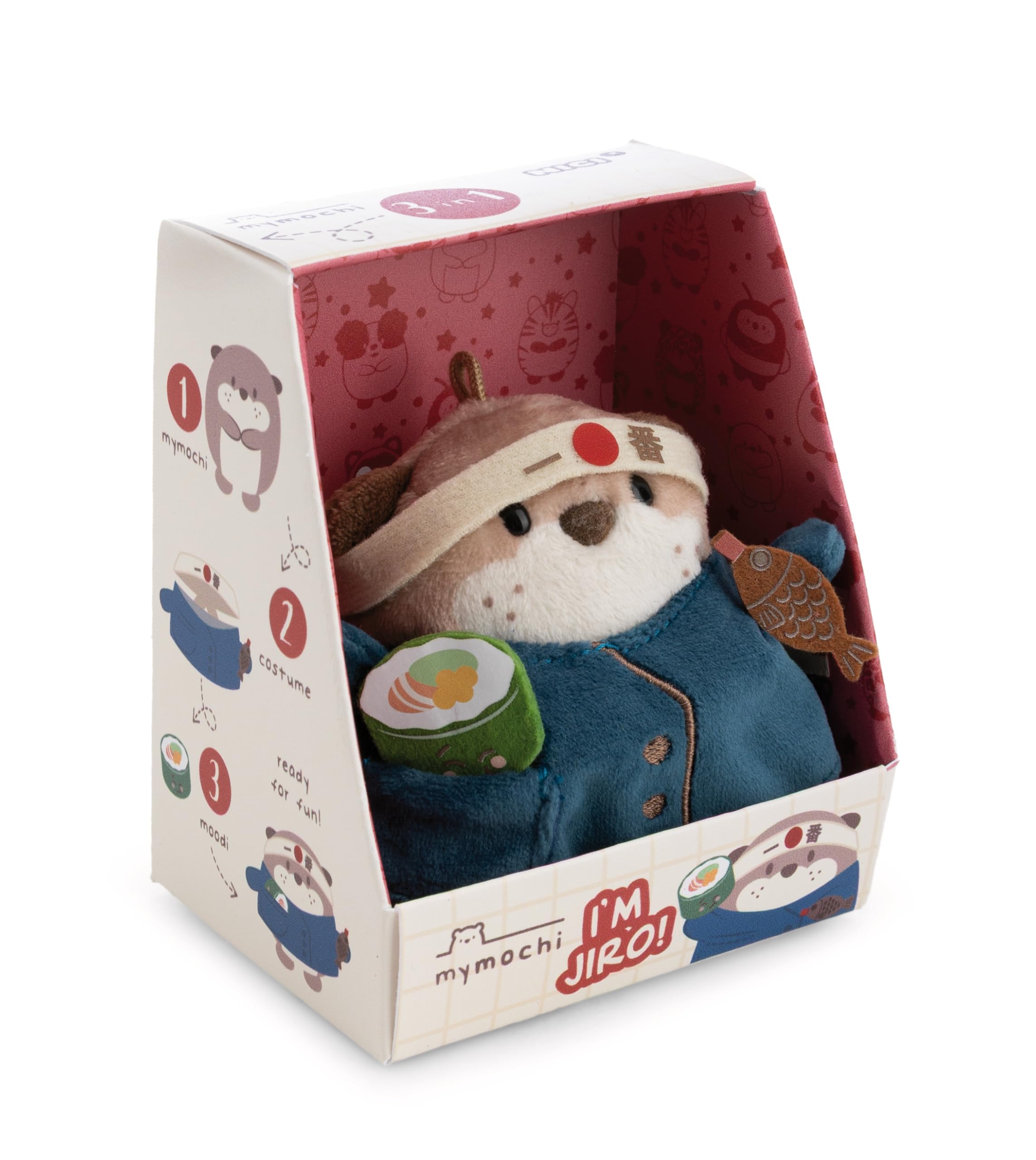 NICI Set Peluche Nutria Jiro 8 cm con Sushi y Disfraz de Cocinero en Caja de Regalo 8,5 x 6,5 x 10 cm, marrón, Diseño Kawaii, Accesorios mymochi de Moda para niños y Adultos - 62906