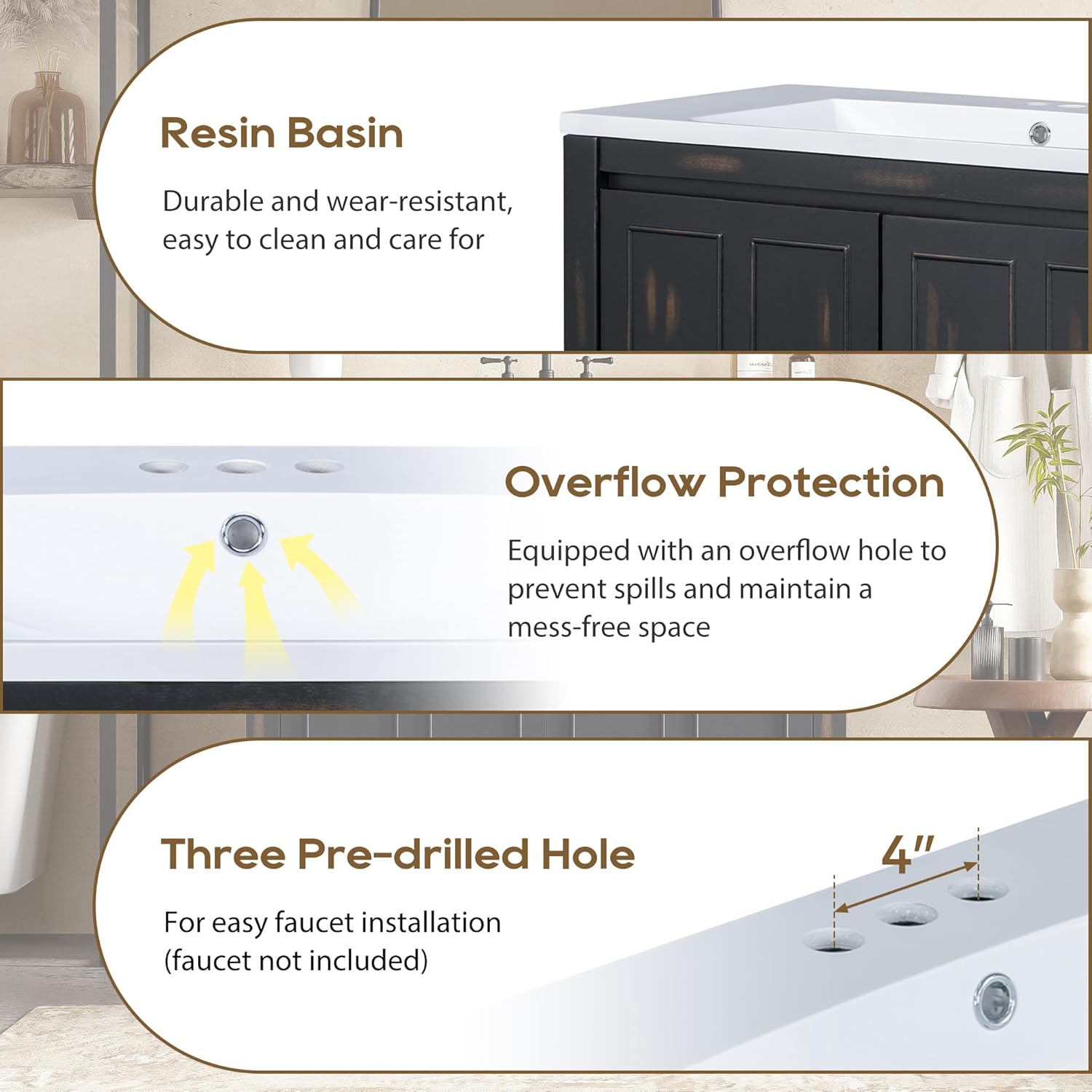 36" Bathroom Vanity Combo with Ceramic Sink,Pedestal Sink Cabinet with 2 Soft-Close Doors, SolidWood Bathroom Cabinet, Vintage Espresso