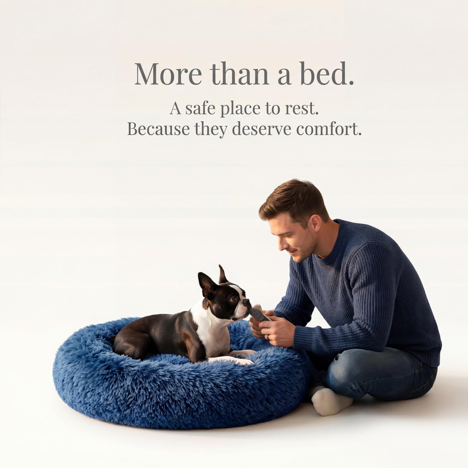 Beruhigendes Hundebett für mittelgroße Hunde, waschbar, Donut-Design, rutschfest, rund, flauschig, Plüsch-Kunstfell, Katzenbett, passend für Haustiere bis zu 20 kg, Marineblau