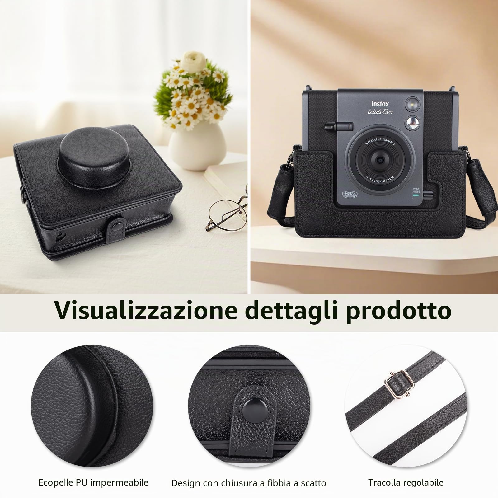 Custodia Instax Wide EVO, cover protettiva compatibile con la fotocamera istantanea ibrida Fujifilm Instax Wide EVO, custodia in pelle PU con tracolla regolabile - Nero retrò