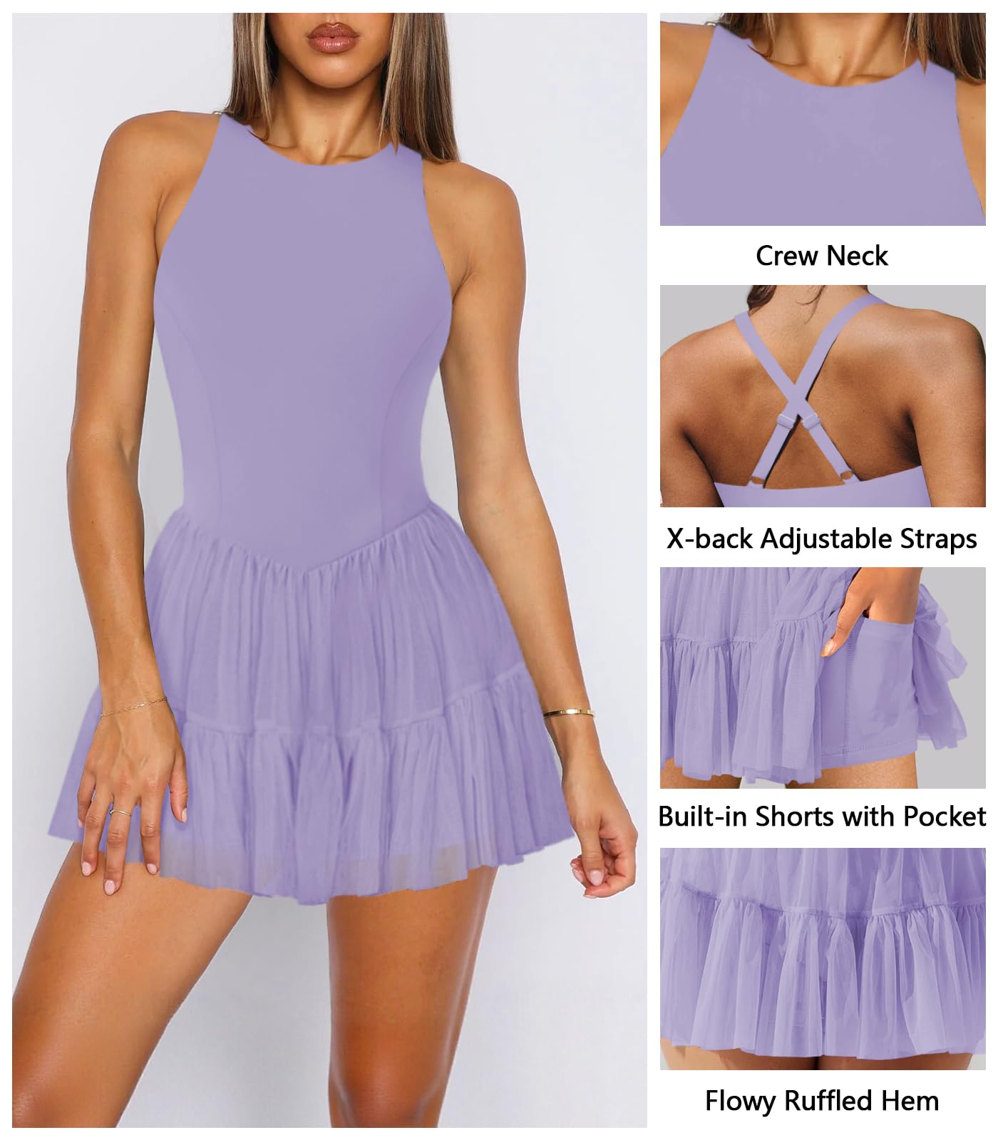 Hragc Robe de tennis fluide plissée à volants pour femme – Robe d'été sans manches à col bateau – Mini robe de golf avec poches courtes