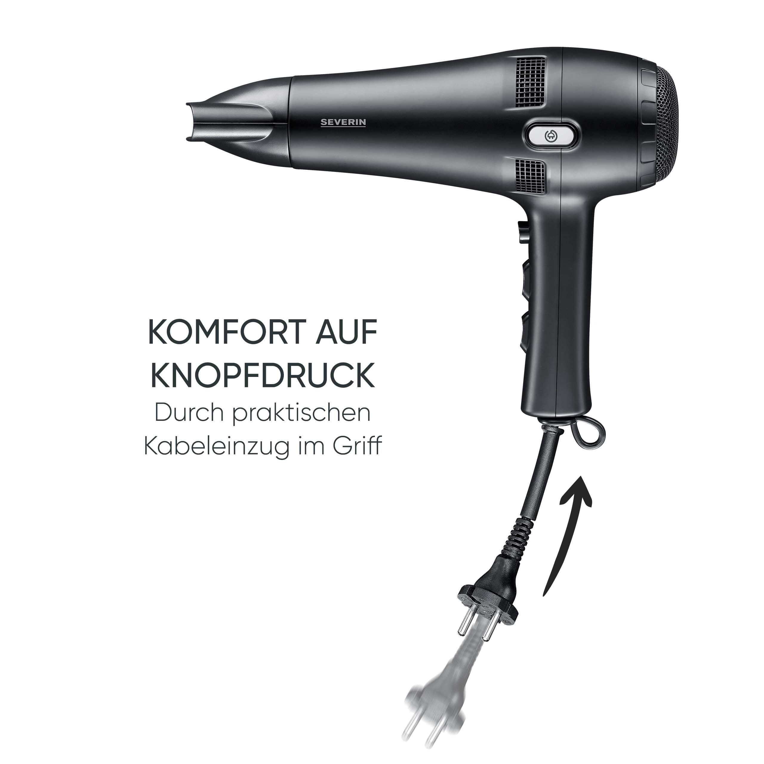 Severin Haartrockner mit Kabeleinzug, leistungsstarker Föhn mit Kaltlufttaste, inkl. Diffusor und Düse, 3 Heiz- & 2 Leistungsstufen, 1,8m Kabel, 2.100 Watt, schwarz, HT 0165