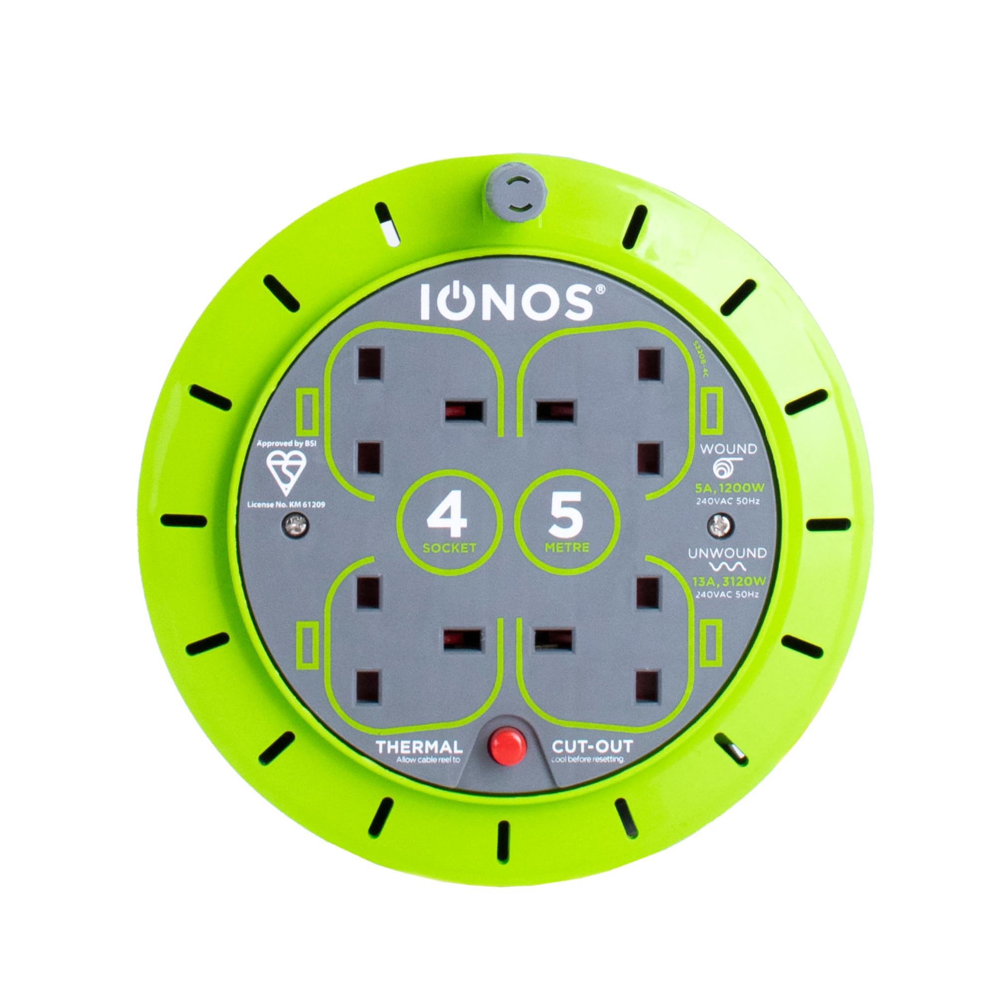 IONOS 4 Socket Cable Reel, 5m, Green, 13 Amp, Thermal Cut Out, Heavy Duty, Outdoor Extension Lead, Ideal for DIY Workshop