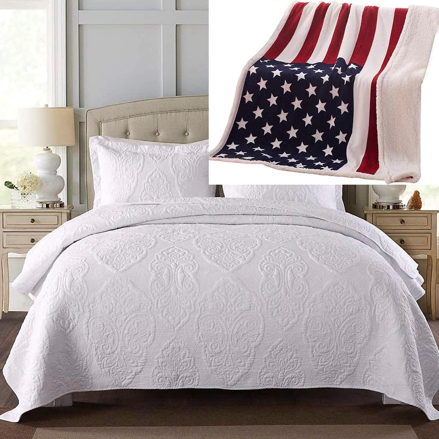 Brandream White Cotton Quilt Set Queen/King Size - Farmhouse Bedding With Scalloped Edge