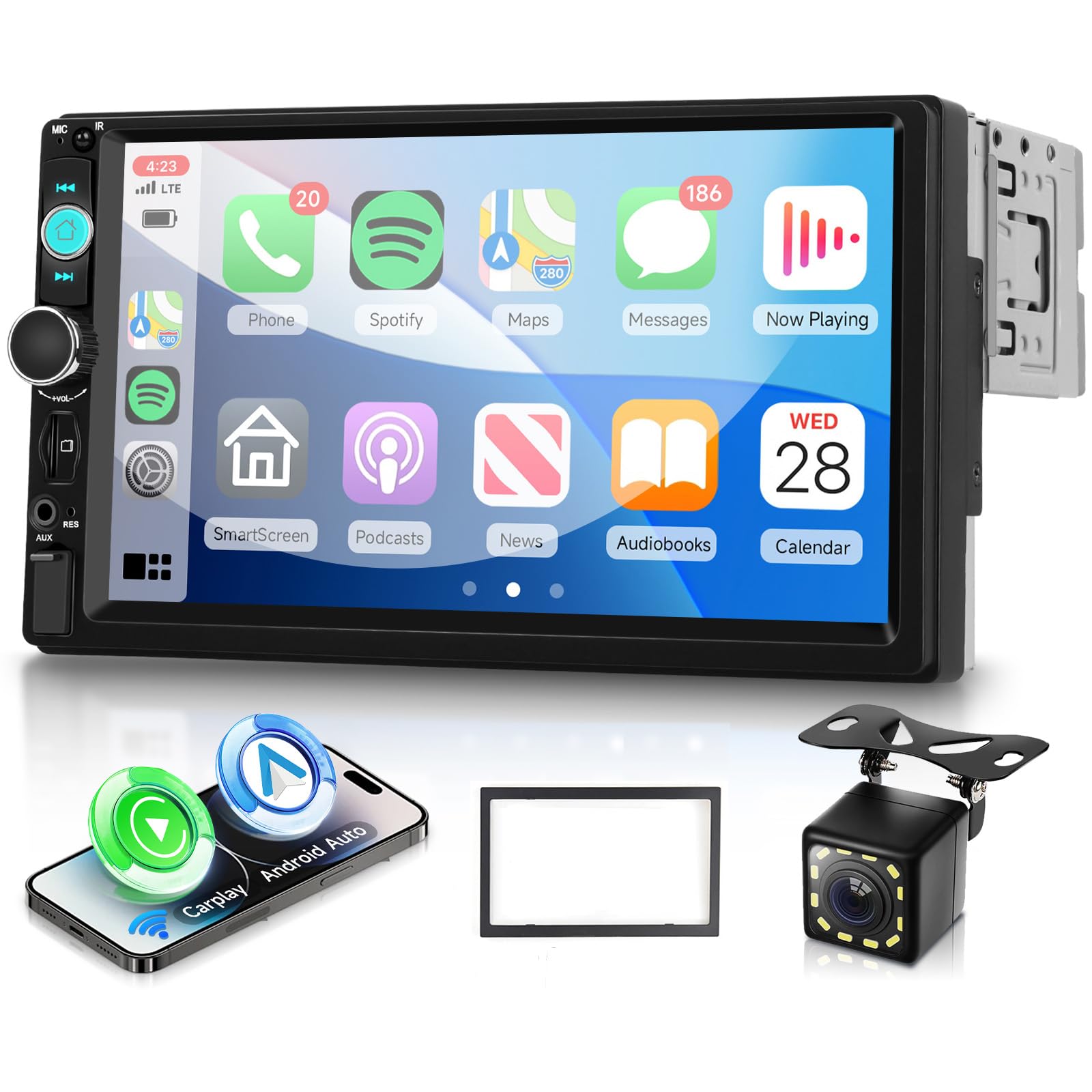 VECHTEL Autoradio 1 Din avec Carplay Android Auto sans Fil, 7 Pouces IPS HD Écran Tactile Poste Radio Voiture Soutien Bluetooth Radio FM EQ USB/TF/AUX Mirror Link SWC Caméra de Recul