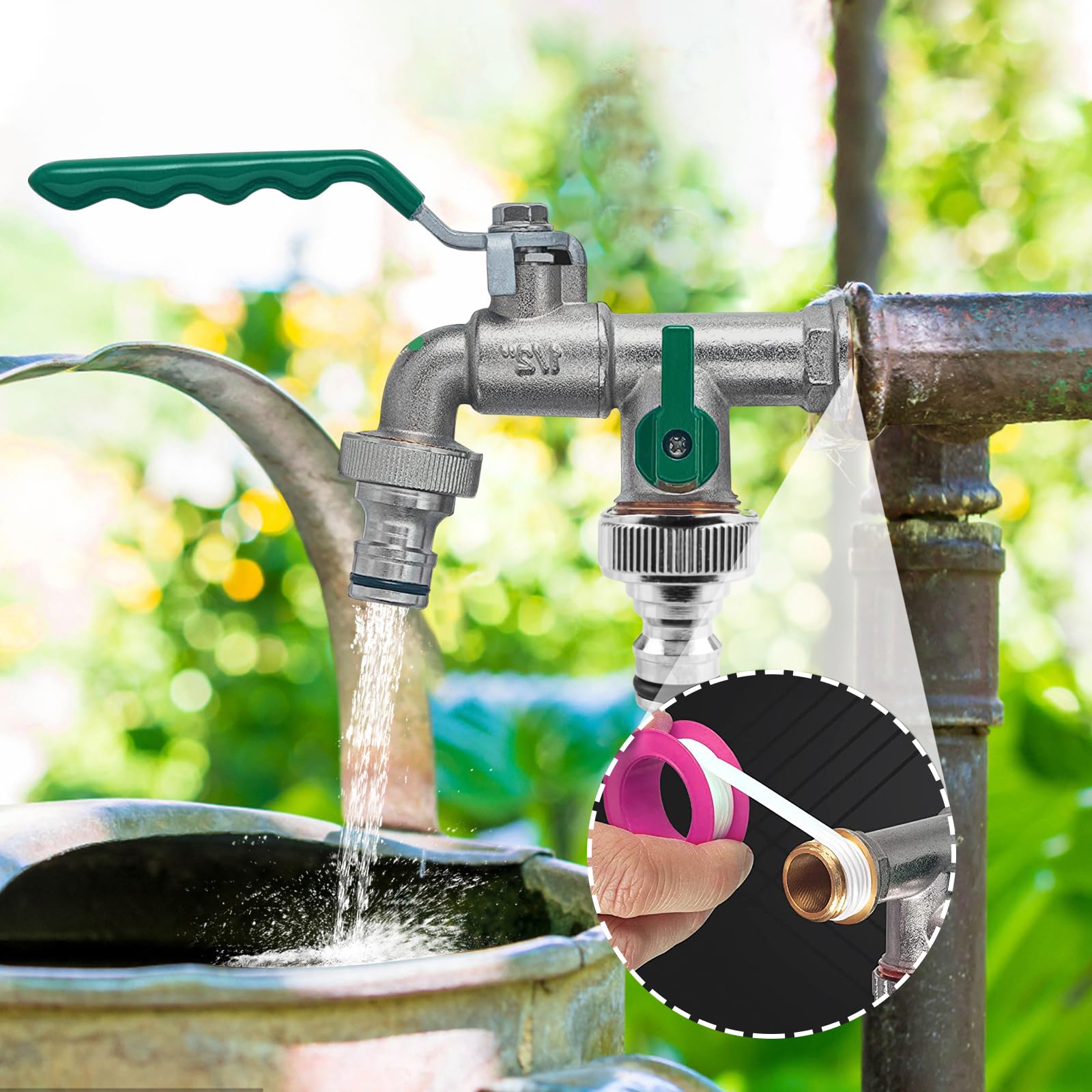 Robinet De Jardin Universel Double Écoulement En Laiton - 1/2" Anti-Rouille Et Anti-Gel Avec Raccords Et Ruban PTFE