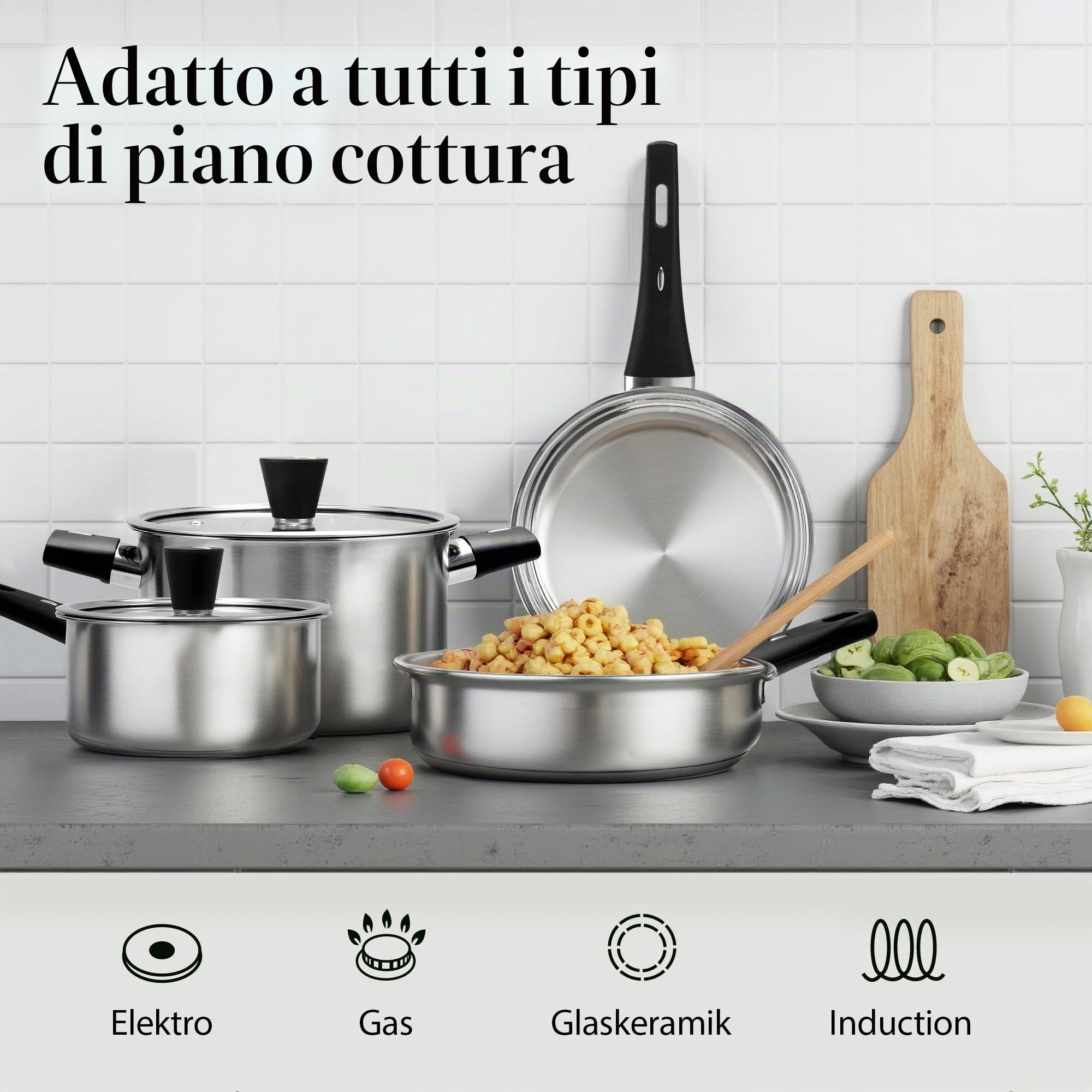 Set di 6 pentole in acciaio inox, set di pentole a induzione, con coperchio, versatile, per tutti i piani cottura, lavabili in lavastoviglie, non rivestite, per una cottura sana