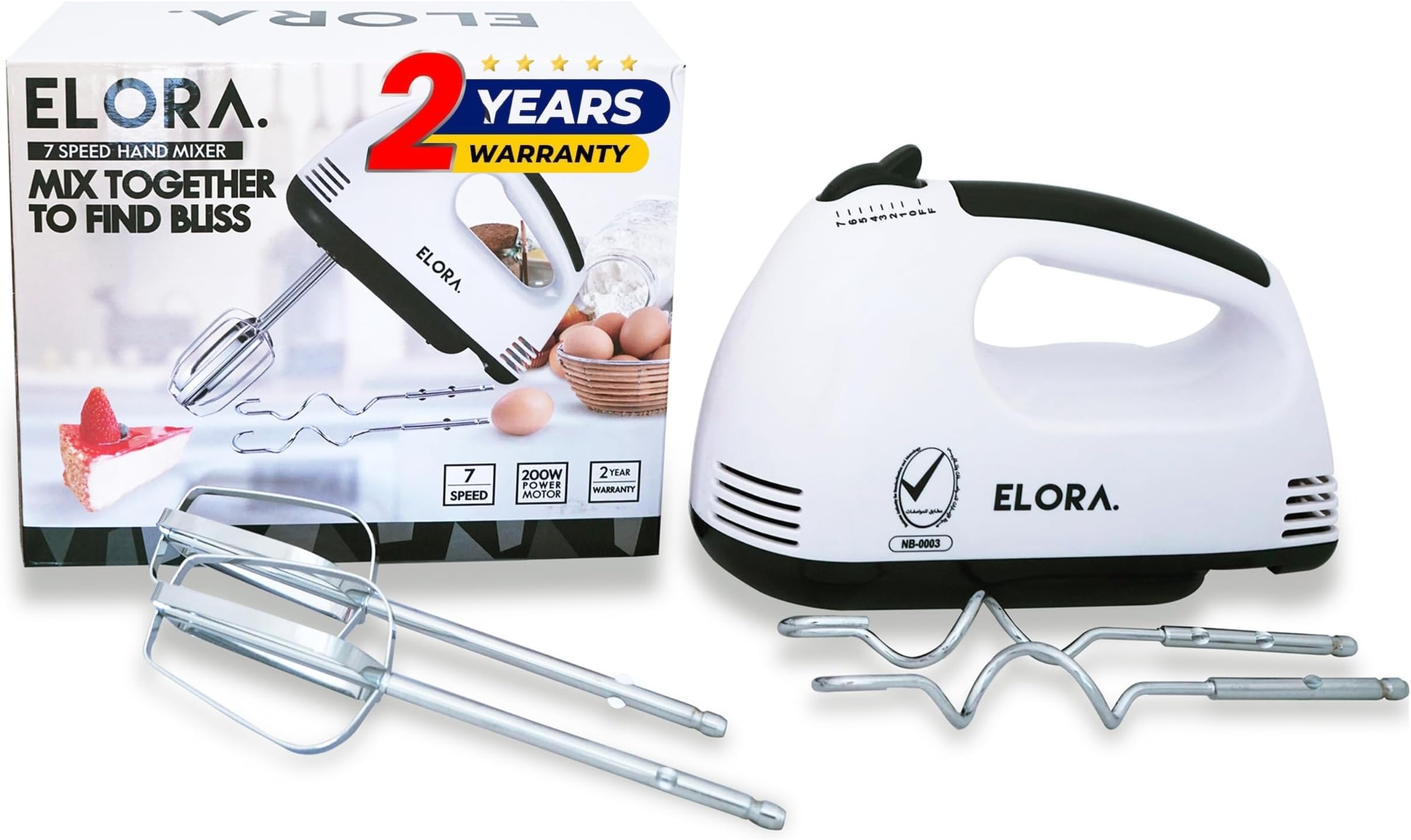 ELORA Hand Mixer (Electric Whisk) 200W with 7-speeds|Eject Button|Twin Stainless Steel Egg Beater, Dough Kneader for Mxing,Whipping, Whisking,|220-240 V, 50HZ|2Years Warranty ELHM-1241