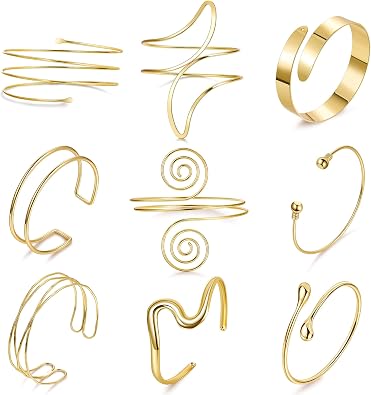 9Pcs Arm Cuff Bracelets Gold Upper Arm Cuff for Women Adjustable Upper Arm Bangle Bracelet Minimalist Irregular Arm Bangle Armband Coil Swirl Armlets Armband Jewelry Set