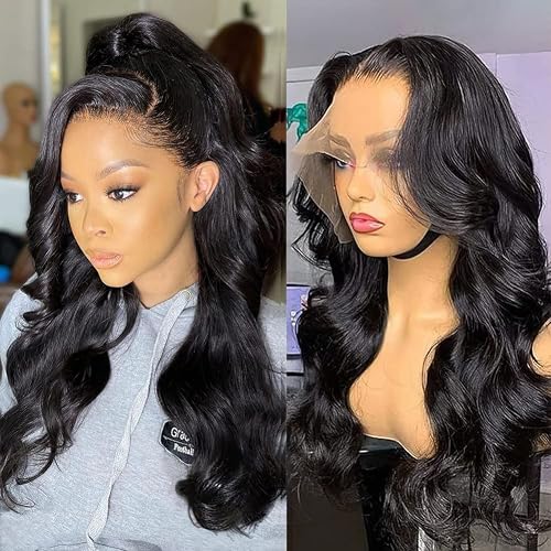Wingirl 13×4 Lace Front Human Hair Wigs for Women 12A HD Transparent Body Wave Lace Front Wigs Human Hair Pre Plucked Bleached Knots Natural Black Color (16 Inch (Pack of 1), black)