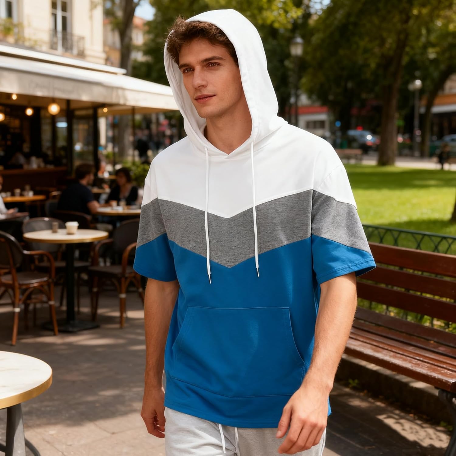 Mens Short Sleeve Hoodie Soft Cotton Color Block T-Shirt Pullover Big Pocket Half Sleeve Summer Sweatshirt - Image 6