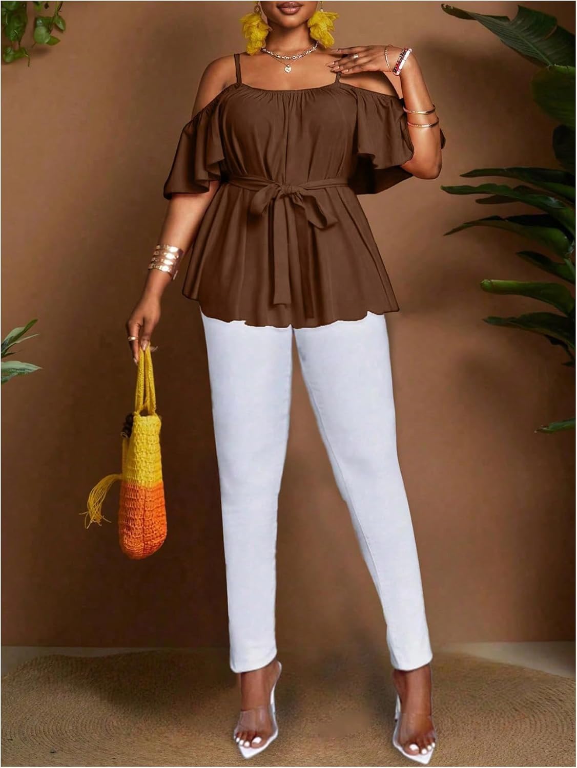 SOLY HUX Women's Plus Size Cold Shoulder Blouse Belted Peplum Top Short Sleeve Ruffle Shirts - Image 5