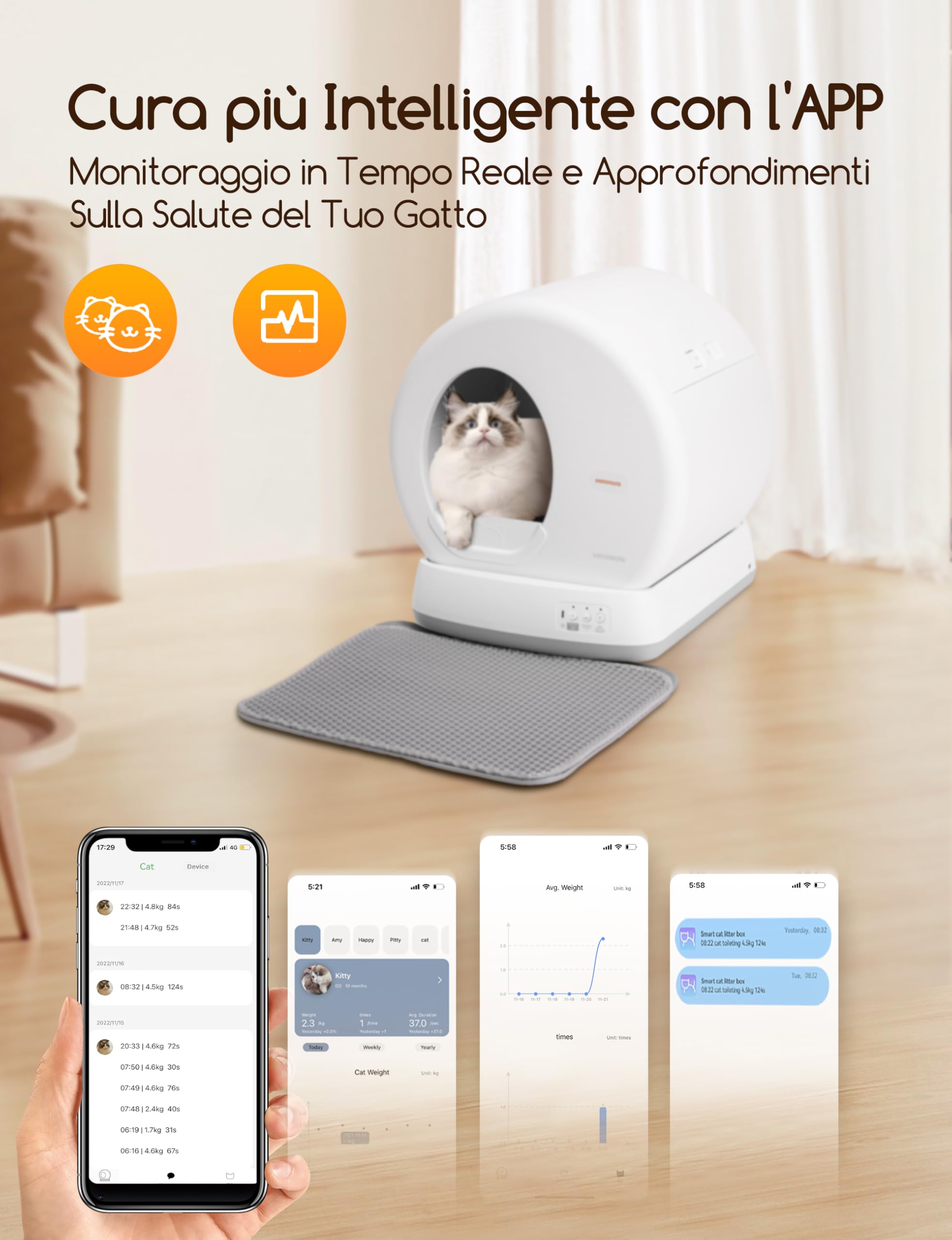 MeoWant Lettiera Gatto Autopulente, Toilette Automatica per Gatti, Anti-pizzicamento, Vaschetta Lettiera Chiusa per Gatti Grandi e Multipli, Controllo APP, Lettiera Robot, Degli Odori, con Tappetino