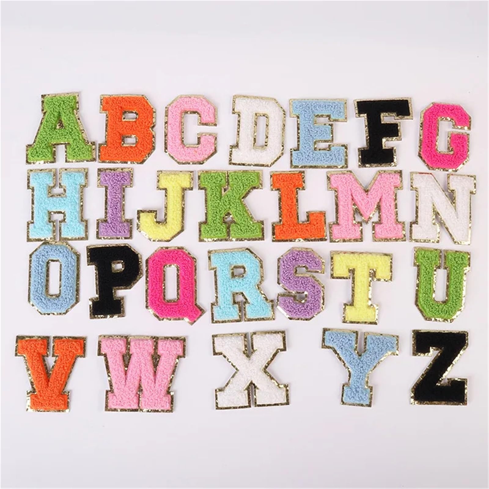 Aufnäher zum Aufbügeln für Kleidung, 26 Stück, 5,5 cm, bestickte Buchstaben, Chenille, Buchstaben, Flicken mit Glitzer, Varsity, Fuzzy-Aufnäher, Buchstaben A-Z, für Hemdtasche, Gelb