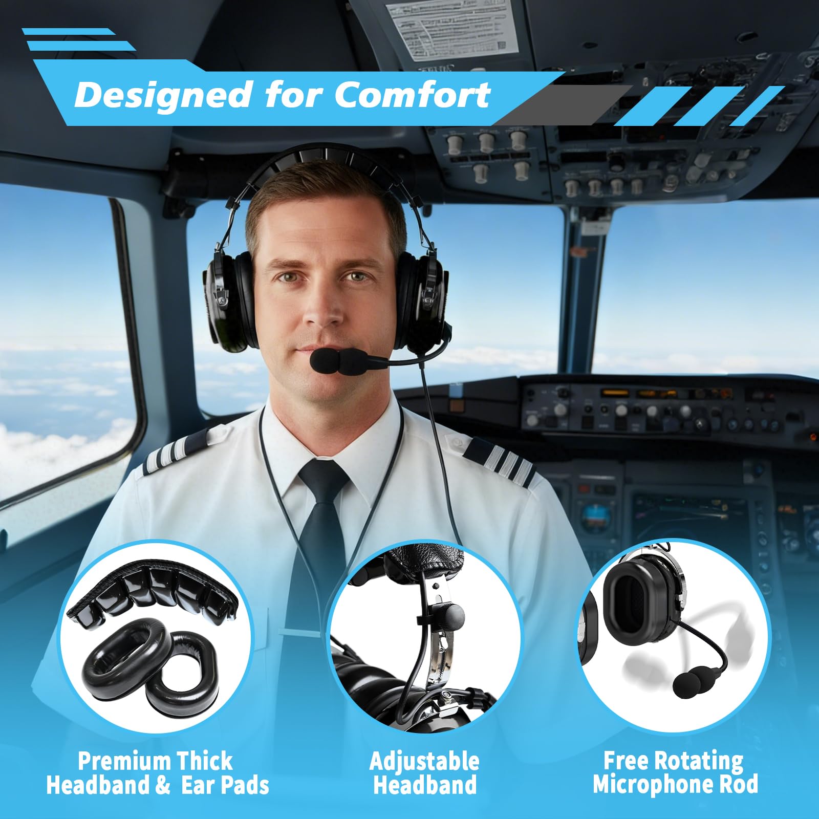 WODASEN General Aviation Headset GA Dual Plug Pilot Headsets mit Galgenmikrofon Flugzeug Noise Cancelling GA Stecker (Schwarz)