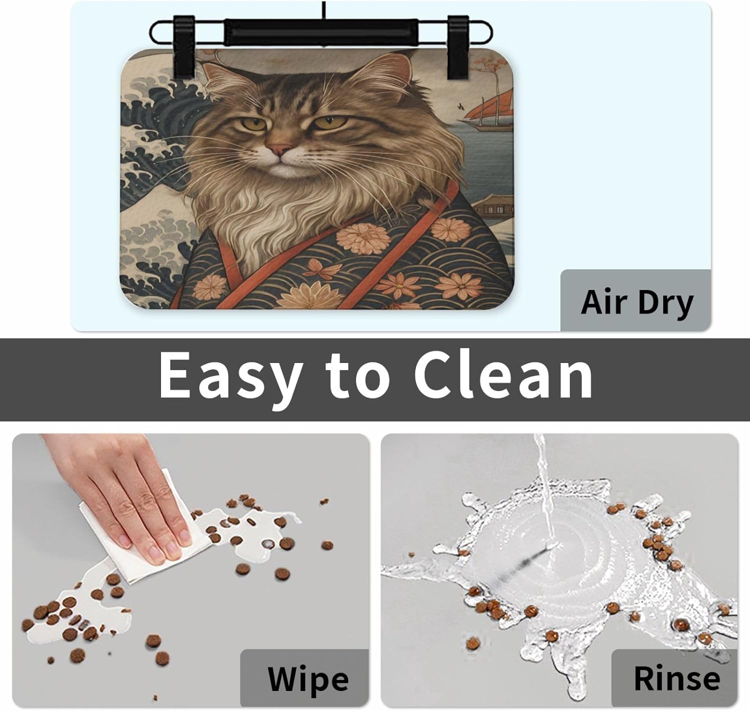 Samurai Cat Dog Food Mat, Leather Pet Feeding Mat, Cat Mat for Food, Absorbent Pet Placemat for Indoor Outdoor Water Bowl 40x60cm