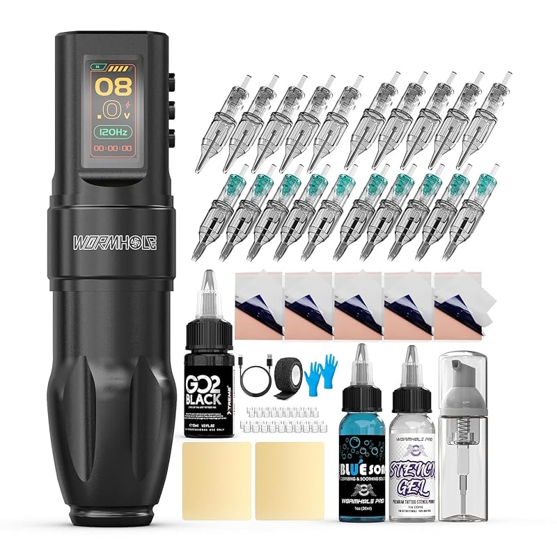 Wormhole Tattoo Gun Kit Tattoo Kit with Wireless Tattoo Machine, Xtreme Ink, Digital LED Display & 1800mAh Battery, Complete Tattoo Pen Kit WTK371