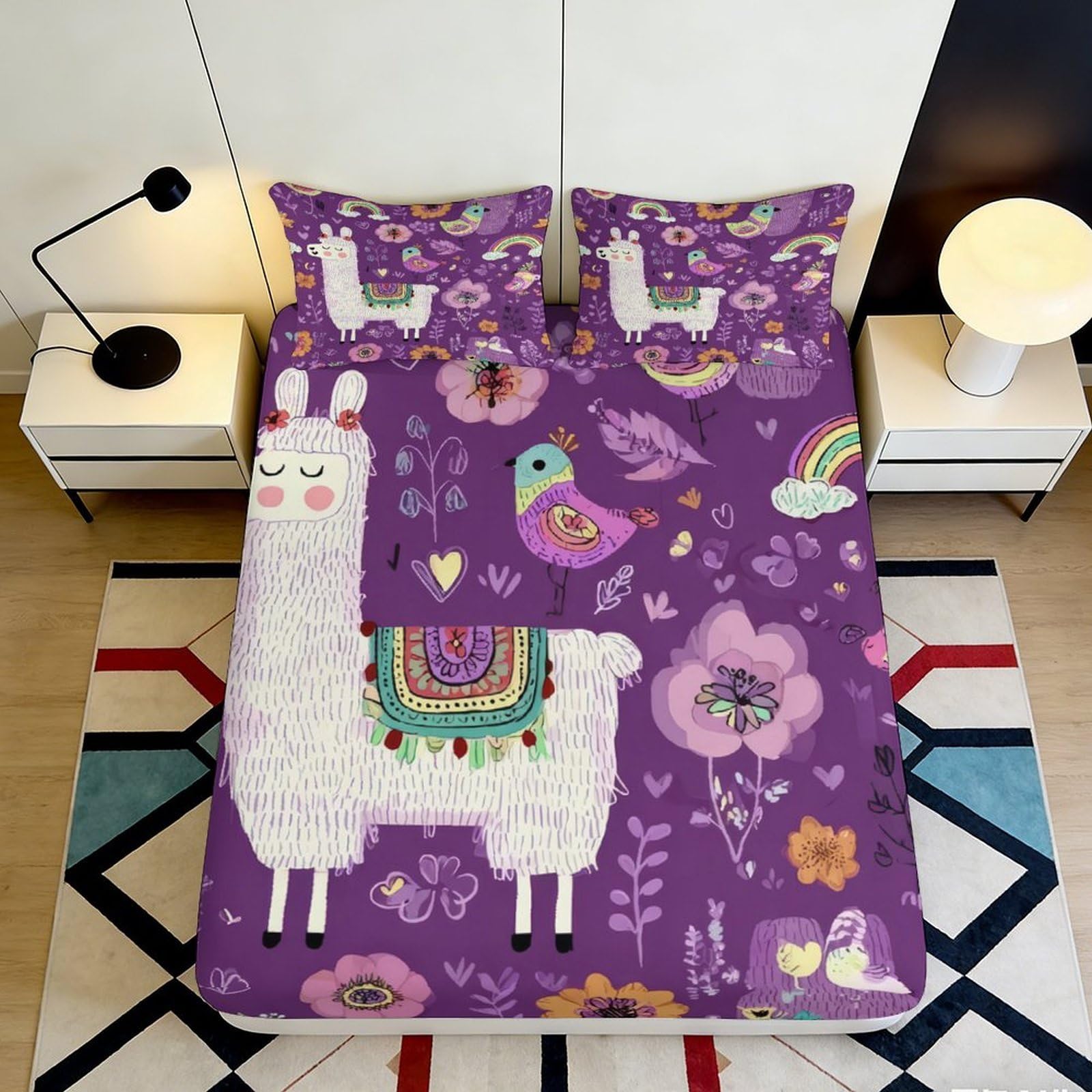3D Printed Purple Llama Fitted Sheet Microfiber Non-Slip Deep Pocket Bedroom Bedding Llama Mattress Fitted Cover Washable 200x200x25cm