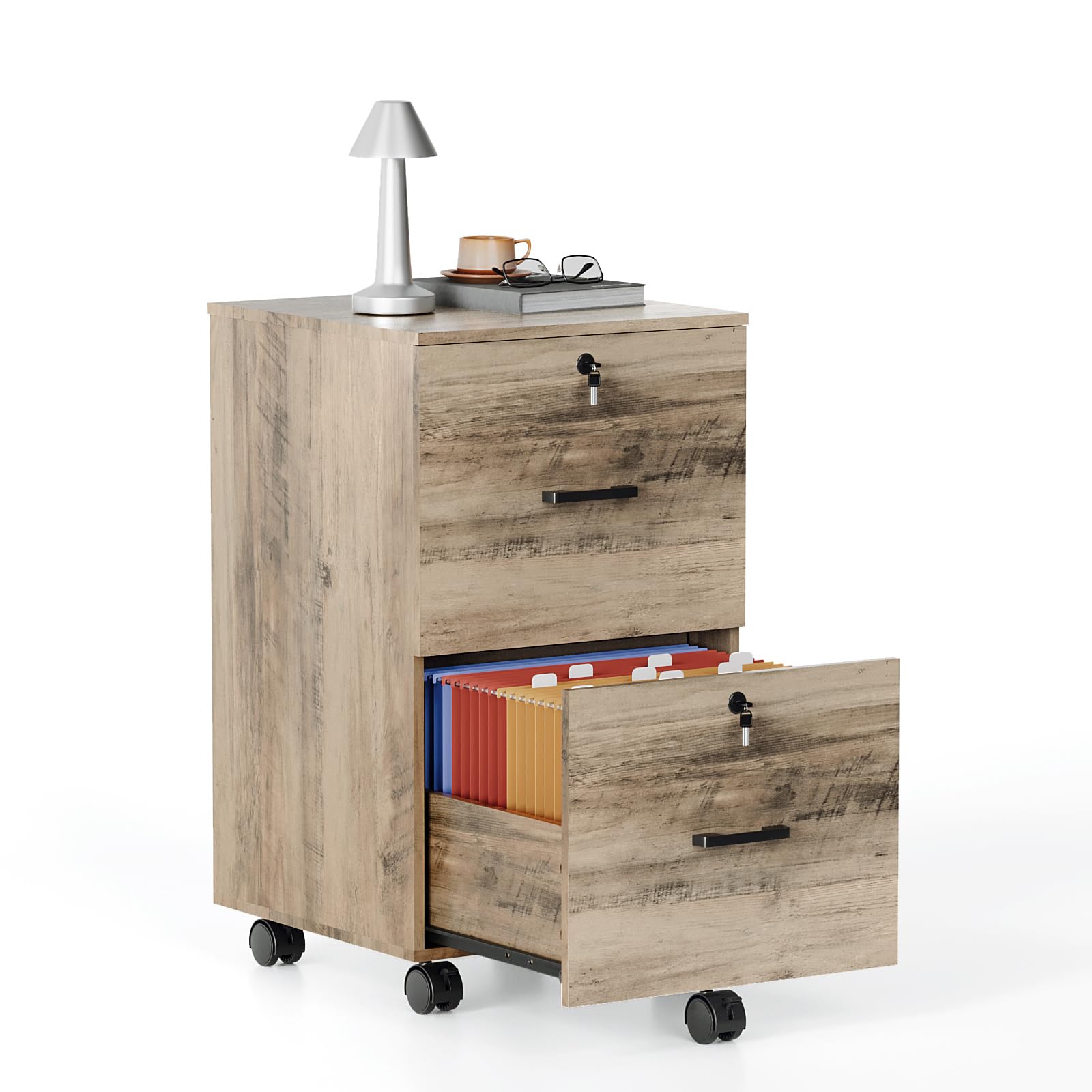 Bonnlo 2 Drawers Mobile File Cabinet for A4, Letter-Size Files,Wooden Rolling File Cabinet,Small Lockable Filing Cabinets for Home Office,Grey