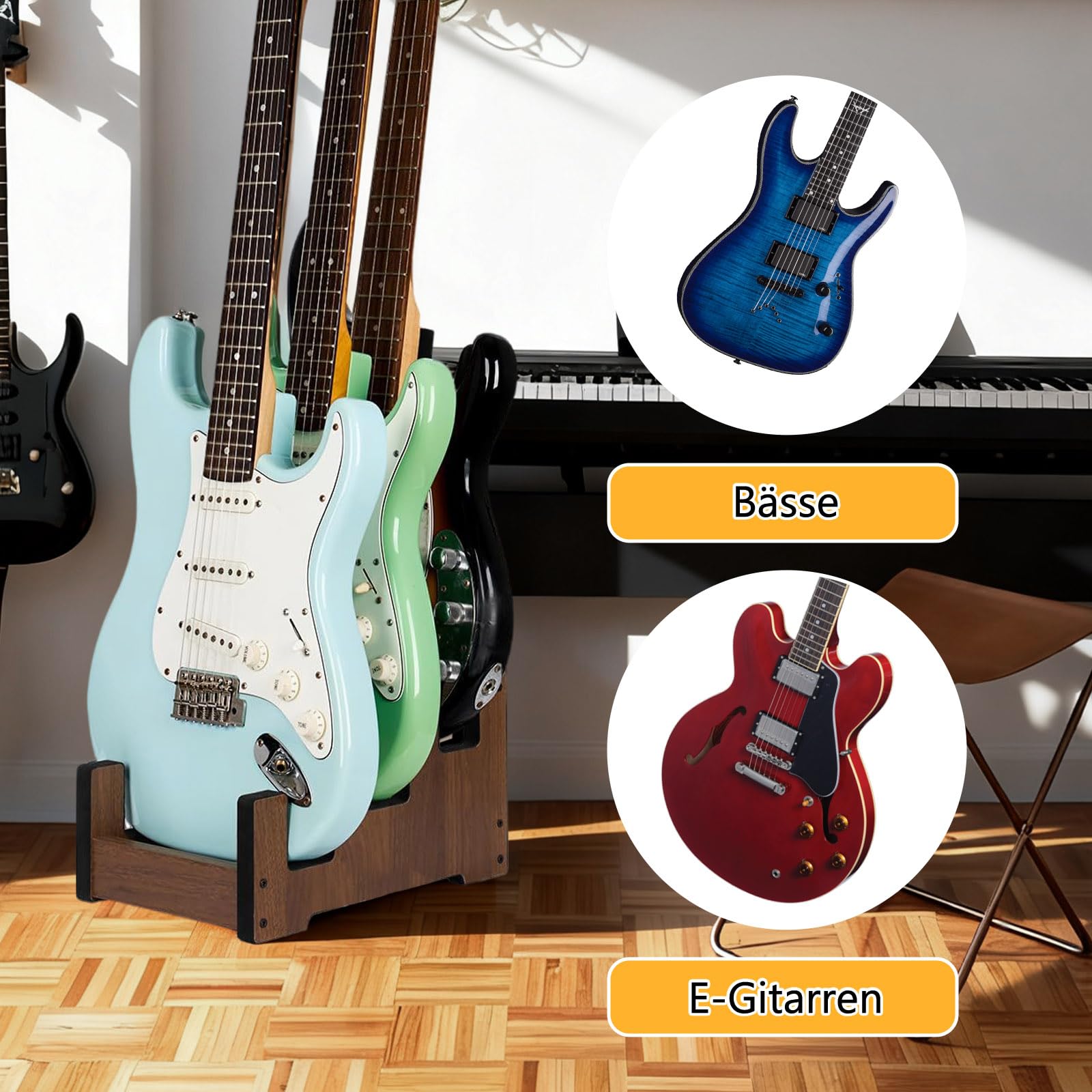 Gitarrenständer Holz für mehrere Gitarren, 3-Halter Gepolsterter Multi-Gitarrenständer Boden Platzsparend 3 Gitarren Display-Rack für Zuhause Studio Bühne (Für 3 E-Gitarren/Bässe)