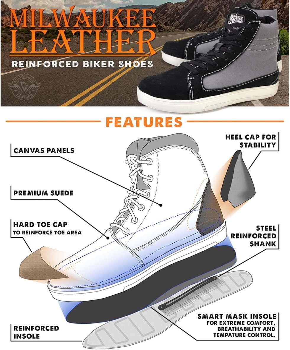 Milwaukee Leather MBM9112 Men's Black Suede with Grey Canvas Reinforced Casual Street Riding Shoes w/Ankle Support