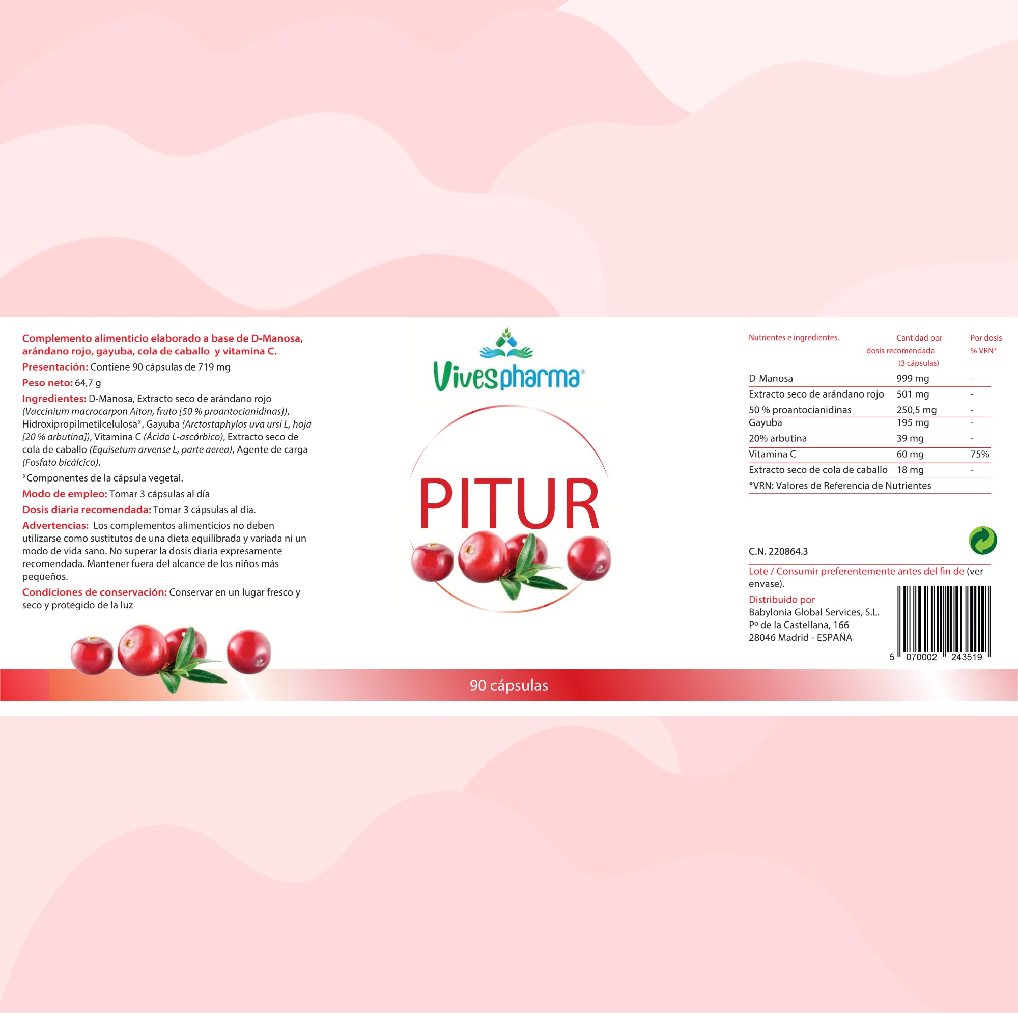 Arándano Rojo Americano con D Manosa para Cistitis y Tracto Urinario | Suplemento Natural Infecciones Urinarias Mujeres | 90 Cápsulas Vegetales | Sin Gluten | Sin Lactosa - PITUR