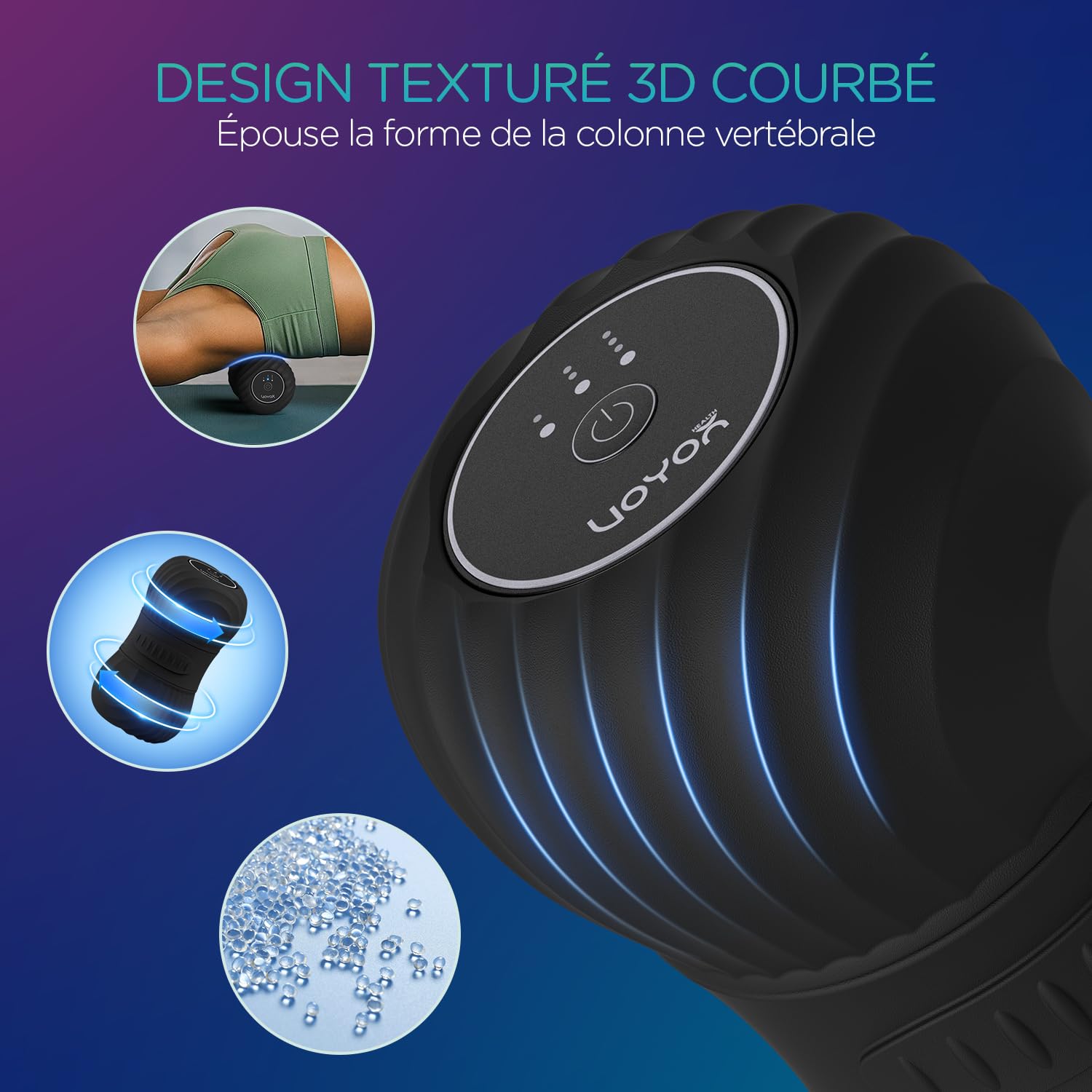 VOYOR-HEALTH Vibrant D'arachide Boule de Massage, Rouleau Silicone Électrique Rechargeable avec 4 Modes, Pour le Yoga, le Fitness, la Relaxation Musculaire du Corps, Ergonomique Portable MB300, Noir