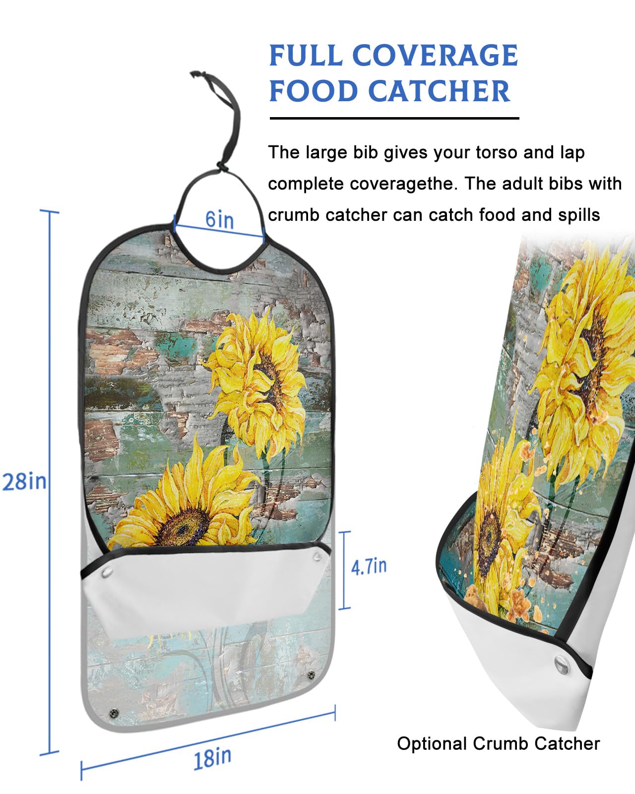 Kewadony Adult Bibs for Elderly Women - Sunflowers Waterproof Dining Clothing Protectors with Crumb Catcher for Eating/Feeding, Vintage Sunflowers on Shabby Wood Terry Cloth Bib Machine Washable