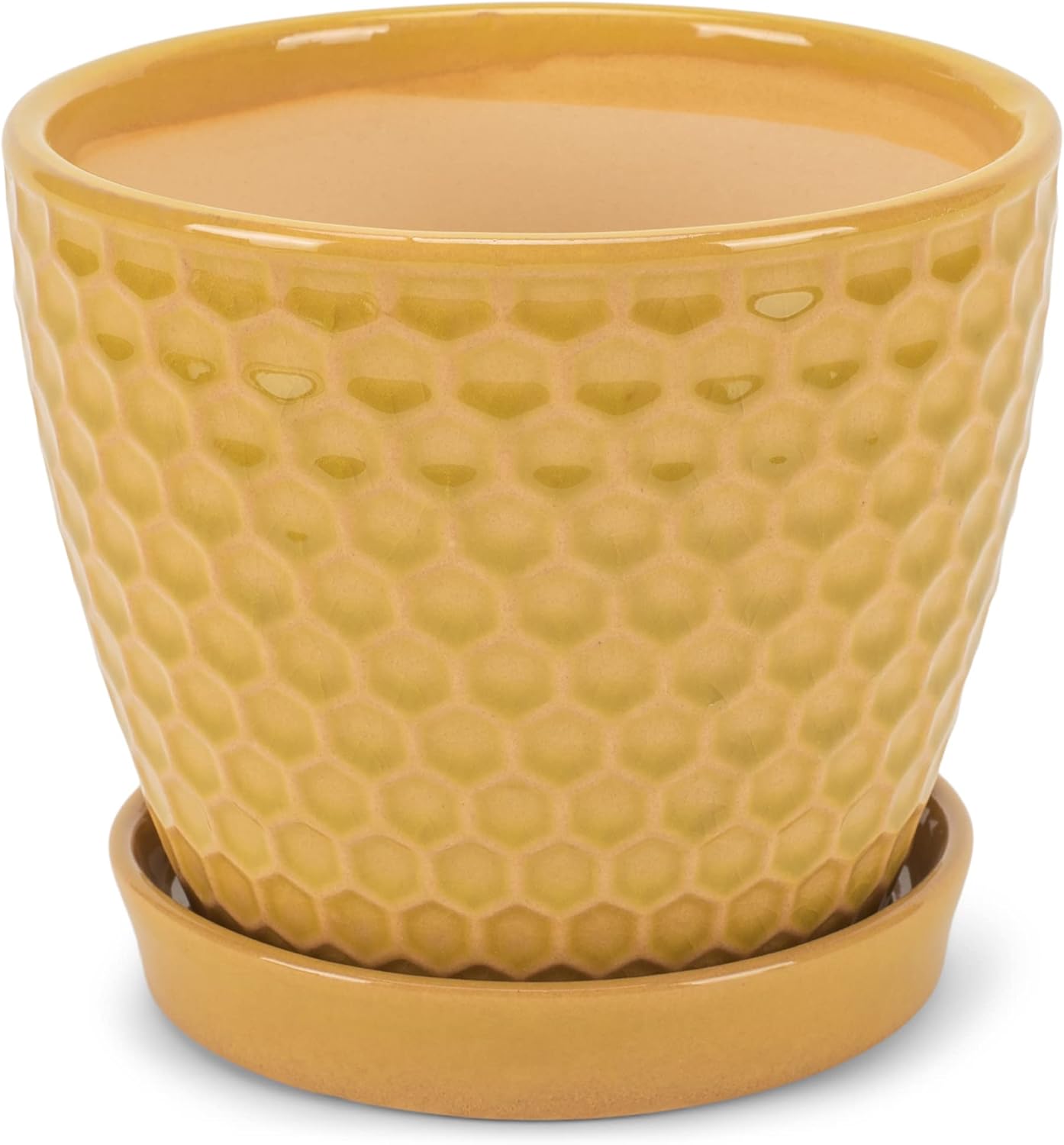 Napco Honeycomb Yellow 4.75 Inch Ceramic Flower Pot Planter with Saucer