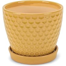 Napco Honeycomb Yellow 4.75 Inch Ceramic Flower Pot Planter with Saucer
