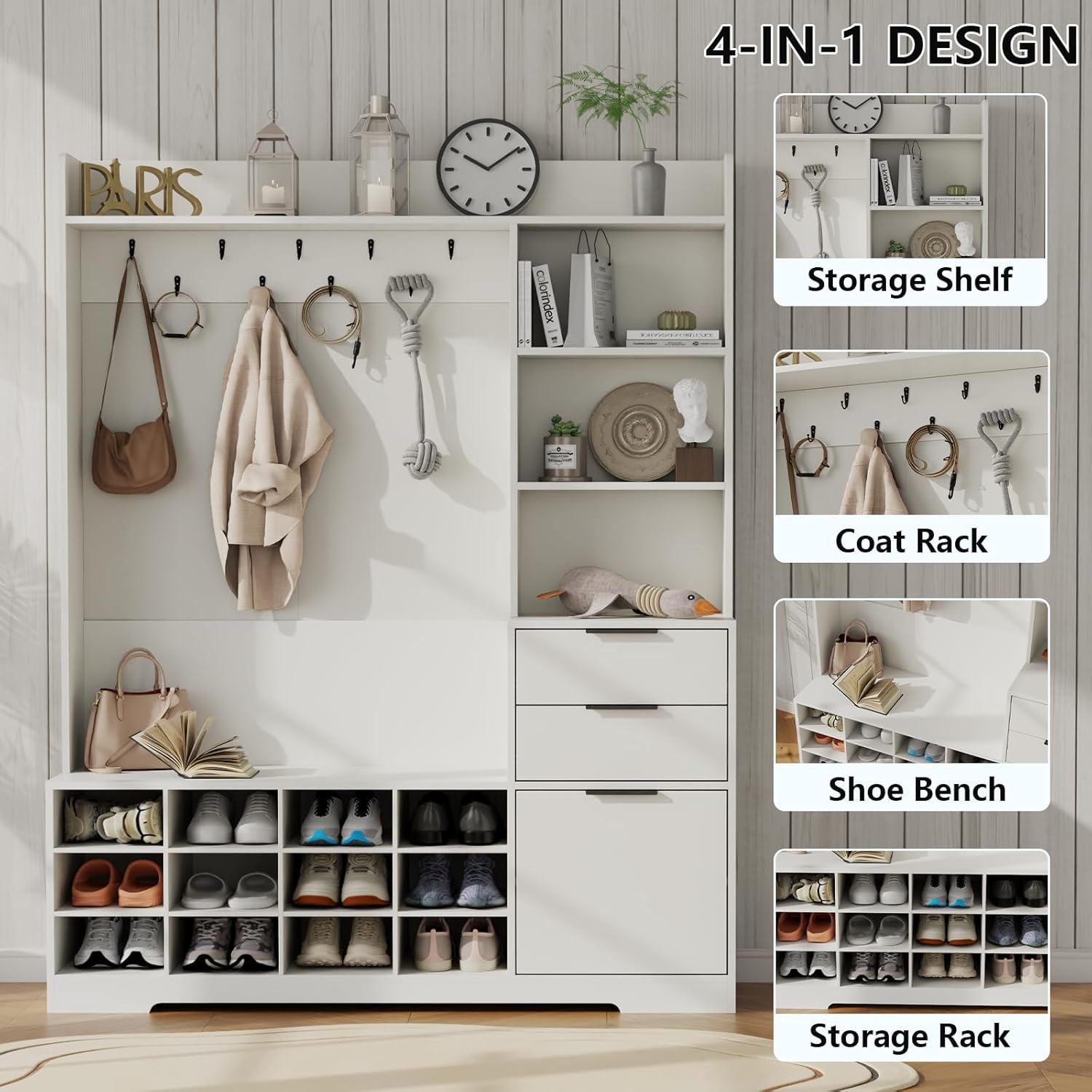 5-in-1 Hall Tree with Storage and Shoe Rack for Entryway,Entryway Bench with Coat Rack and Shoe Cabinet,9 Coat Hooks & 12 Shoe Cubbies,Farmhouse Shoe Storage Cabinet with Drawer for Hallway (White)