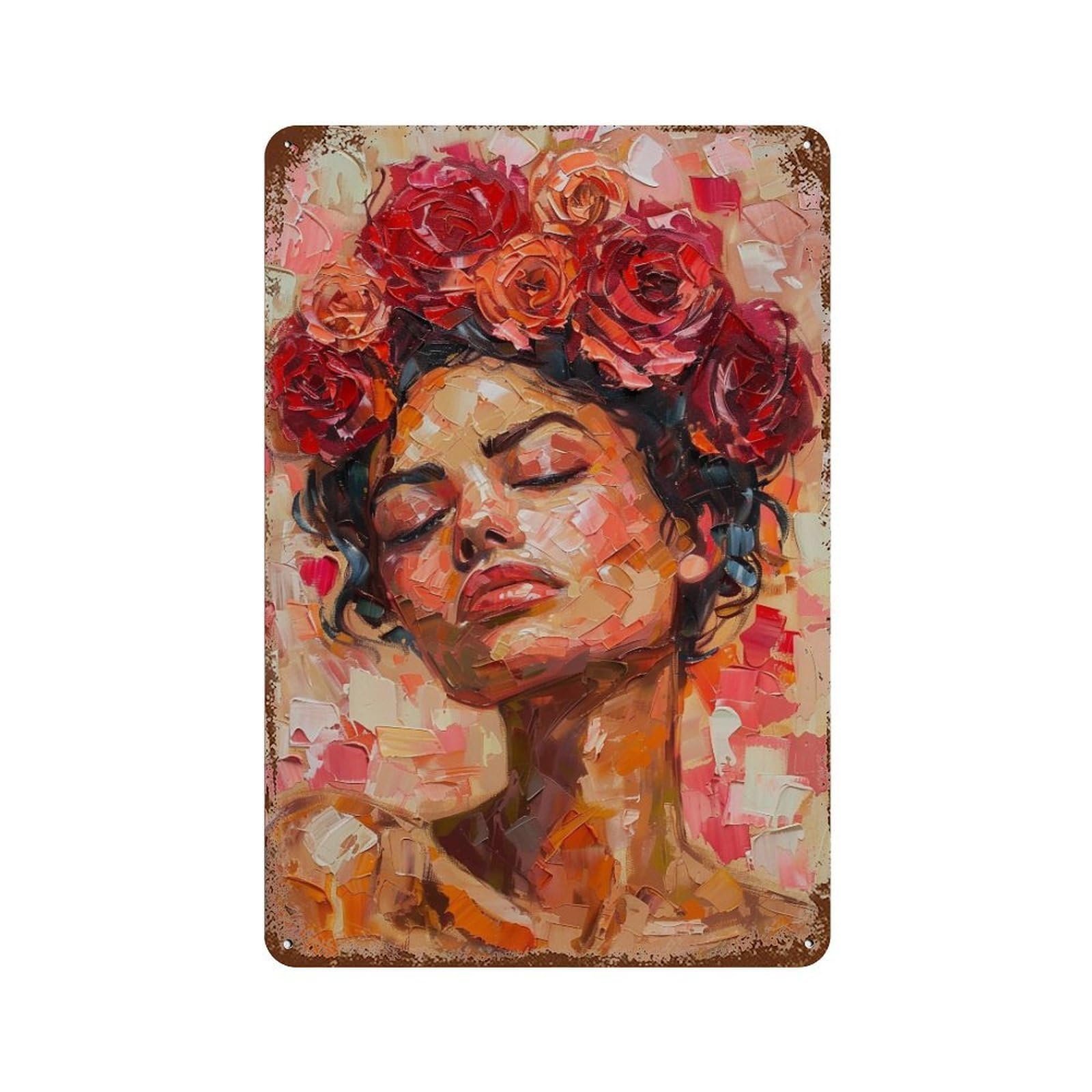 FHUYEURHRY Woman with Red Roses Impasto 01 Wall Decor Retro Iron Vintage Art Metal Tin Sign Poster Modern Home Cofffee Club Art Bar Shop Decorations Style-6 30x20cm