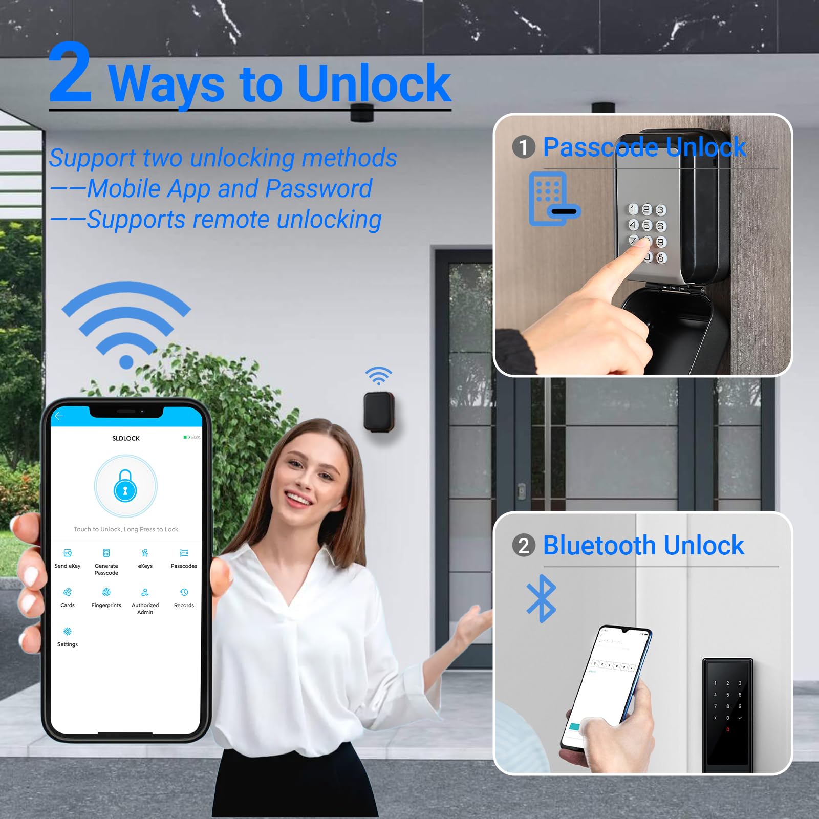 Caja de Seguridad para Llaves Bluetooth, Caja Llaves Combinacion Montaje Mural Aplicación móvil y código PIN Caja de Seguridad Con Código Exterior para Airbnb, Oficinas, Hogares, Garajes y Visitantes