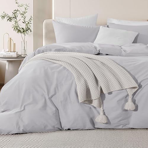 Miniatura 69 de NEXHOME PRO - Juego de funda de edredón, queen extragrande 98"x98", de algodón lavado 100 % orgánico con aspecto de lino, gris crema, con cierre