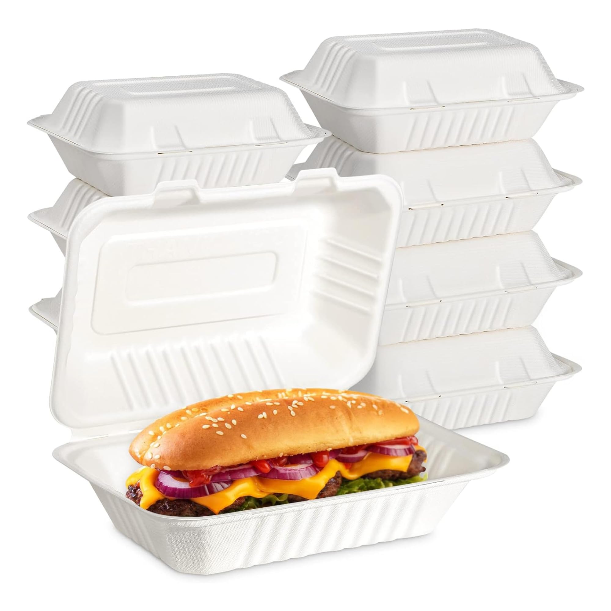 CaterCo Bagasse Clamshell Food Containers - 9 x 6 inch - 100 Pack - Biodegradable Sugarcane Container Box, Compostable, Eco-Friendly, Takeaway Boxes, 100 Pack (9x6 Inch, 1 Compartment)