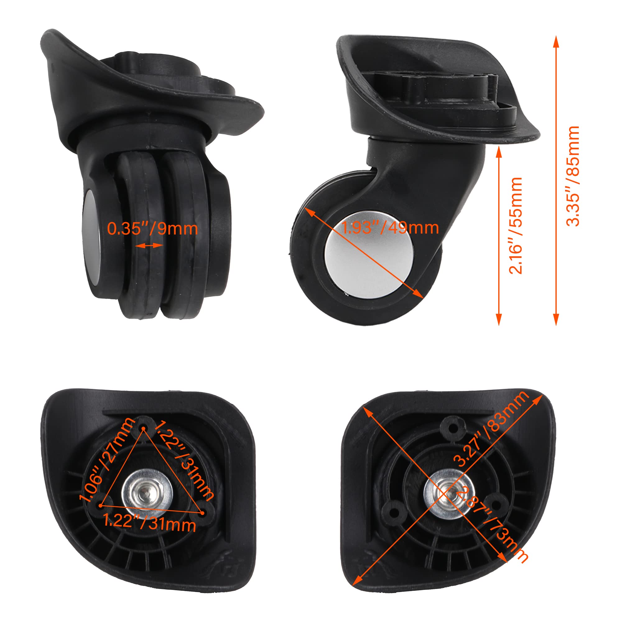 Mxfans 2 Paia Di Ruote Per Valigie In Plastica Nera – Diametro 49 Mm, Kit Ricambio Con Viti E Cacciaviti