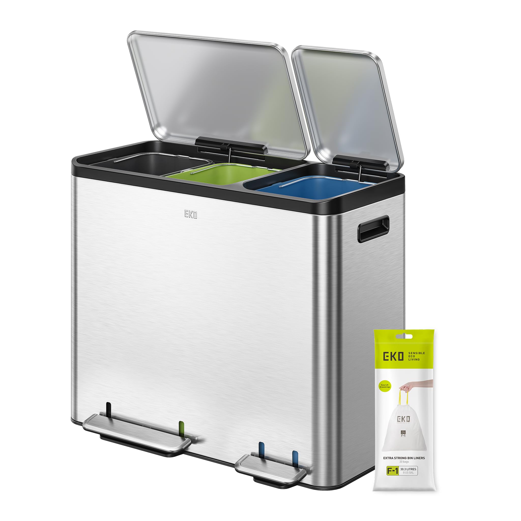 EKO Ecocasa Recycling Kitchen Bin, 3 x 15 Litre Waste Bin 3 Compartments, Pedal Bin with Lids and Plastic Inner Buckets, Soft Closure, Perfect for Kitchen & Home, Stainless Steel — image 1