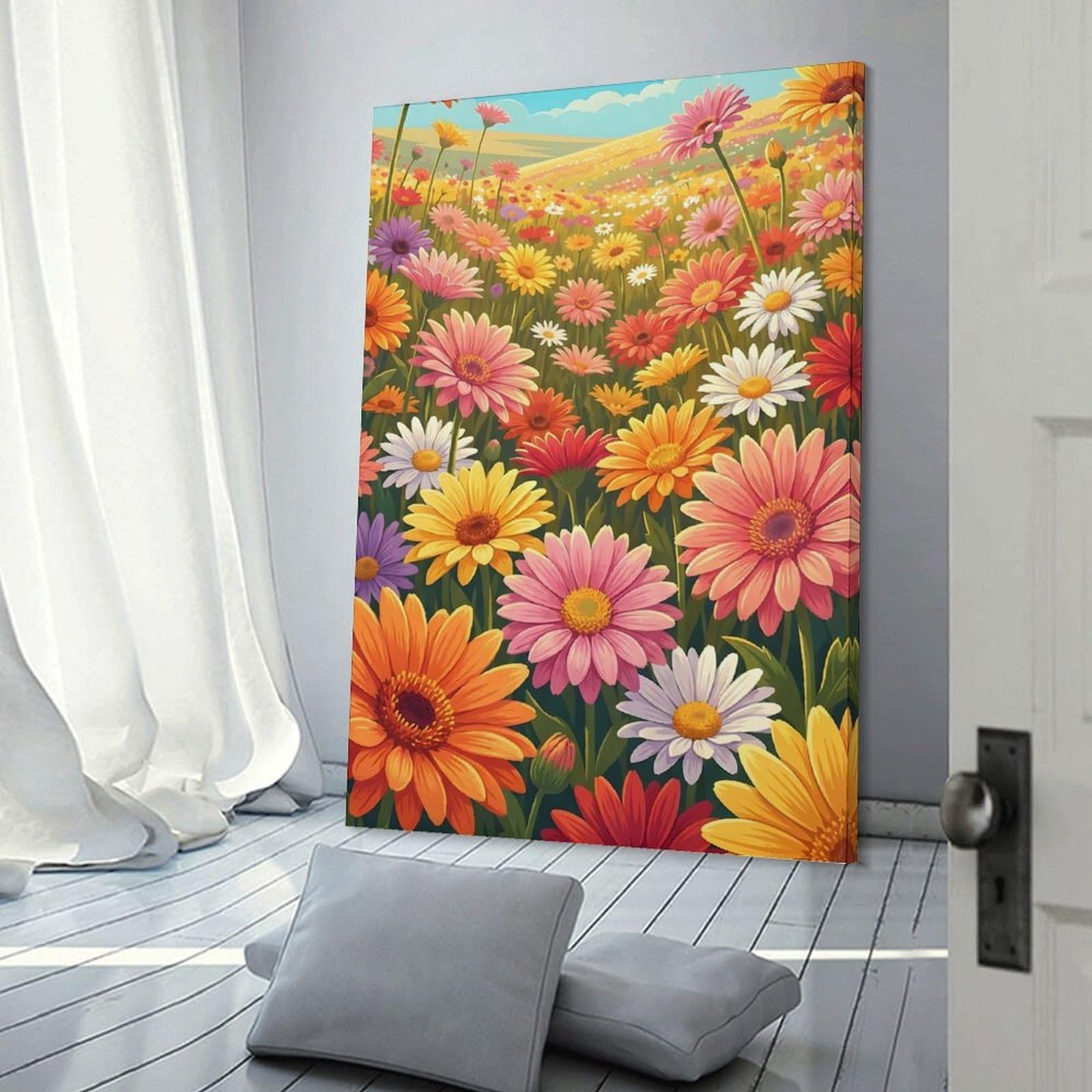 Junmoney Canvas Wall Decor Vibrant Field of Gerbera Daisies, 16x24inch(40x60cm), for Restful Interiors, Bedrooms Or Small Rooms, Canvas Wall Decor for Personal Spaces