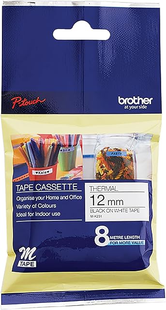 Brother Genuine MK231 Black on White Non-Laminated Tape for P-Touch Label Makers, 12 mm Wide x 8 m Long