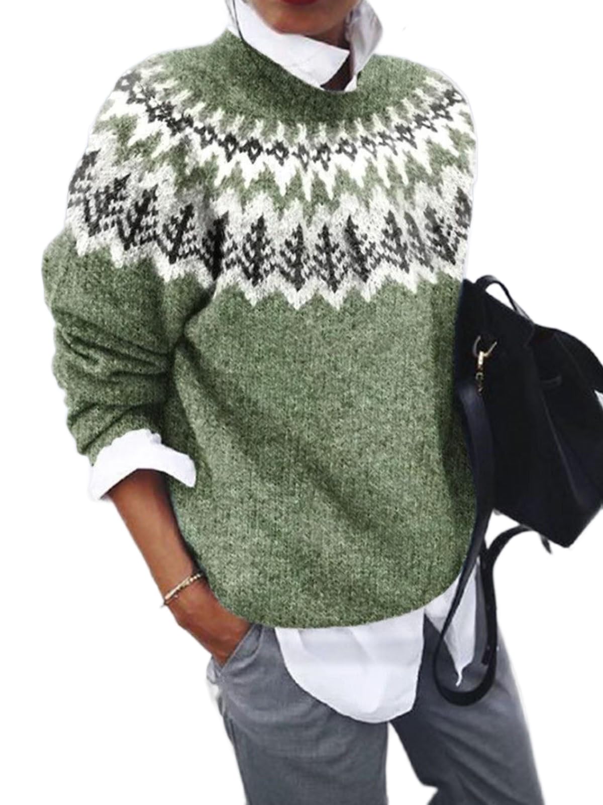 Womens Vintage Boho Long Sleeve Crewneck Pullover Sweater Fall Oversized Sweatshirt Casual Loose Shirt Top