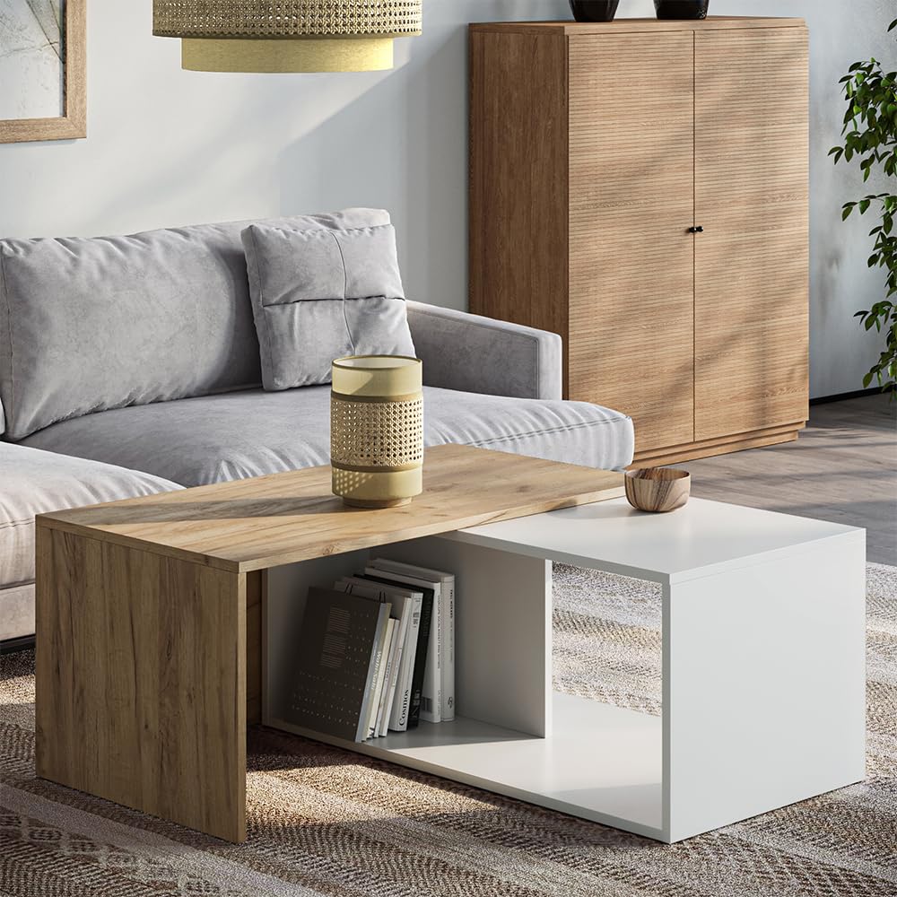 Vicco Couchtisch Paul, Weiß/Goldkraft Eiche, 90 x 48 cm | mit drehbarer Tischplatte und zusätzlicher Ablagefläche