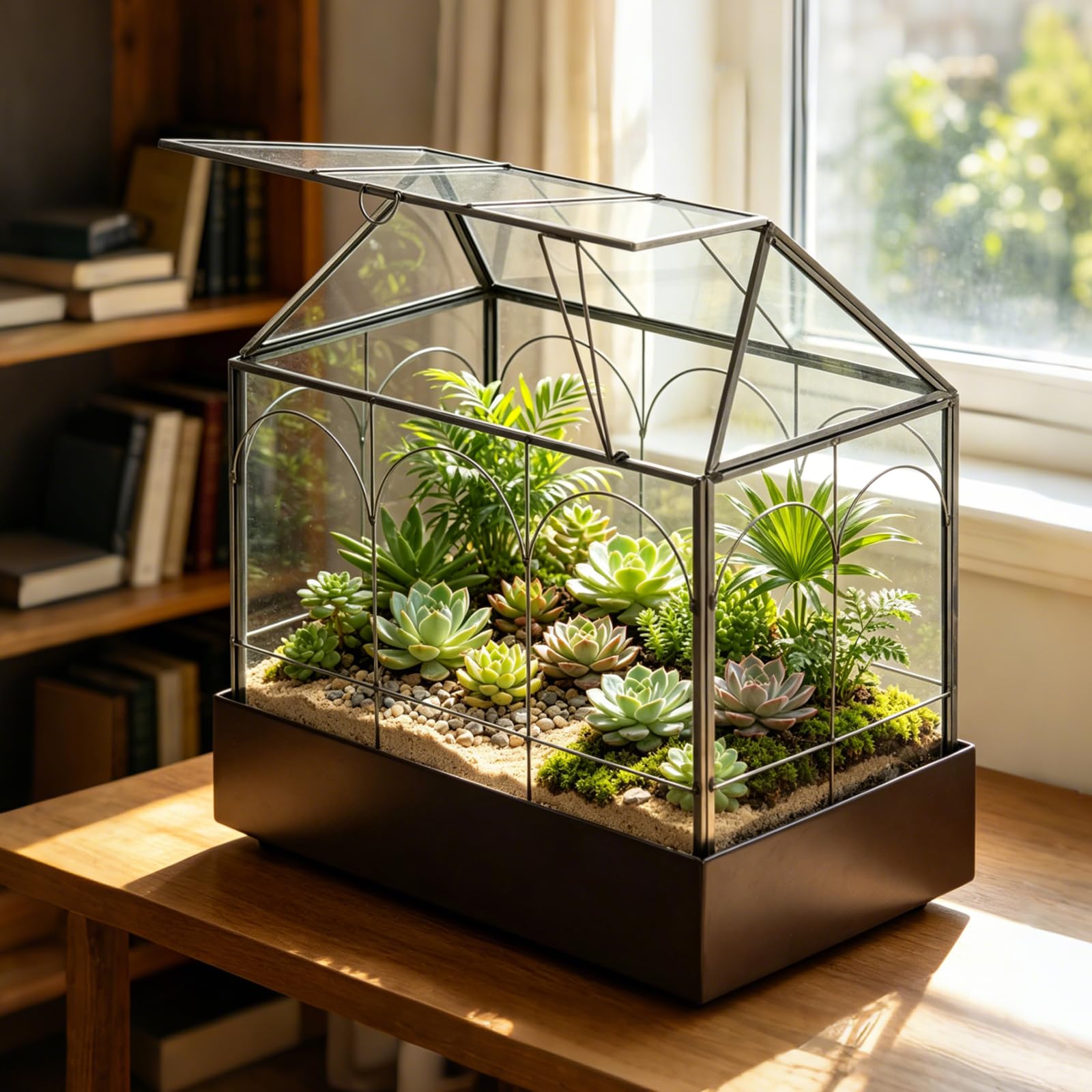 Terrario para plantas, 24,2 x 14,7 x 29 cm, cristal geométrico con bandeja recogedora, microcaja cerrada para suculentas, helecho (sin plantas)